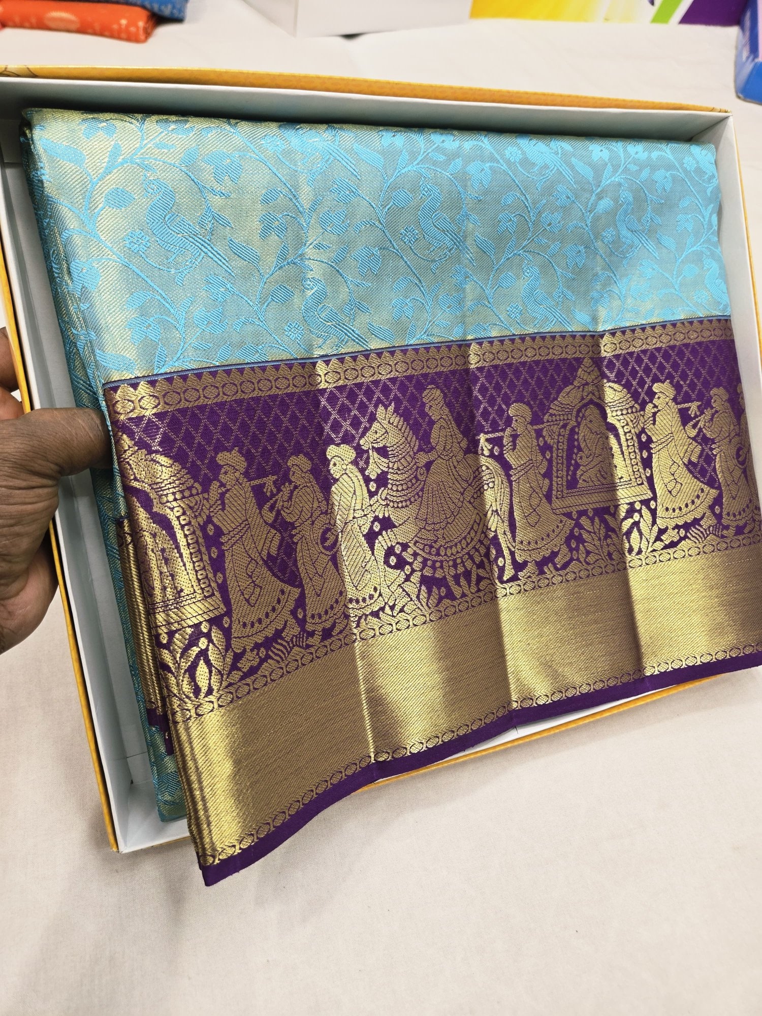 Pure Kanjivaram Silk Saree – Aqua Blue Purple Gold Temple view 2 - Rangam Saradha Silks