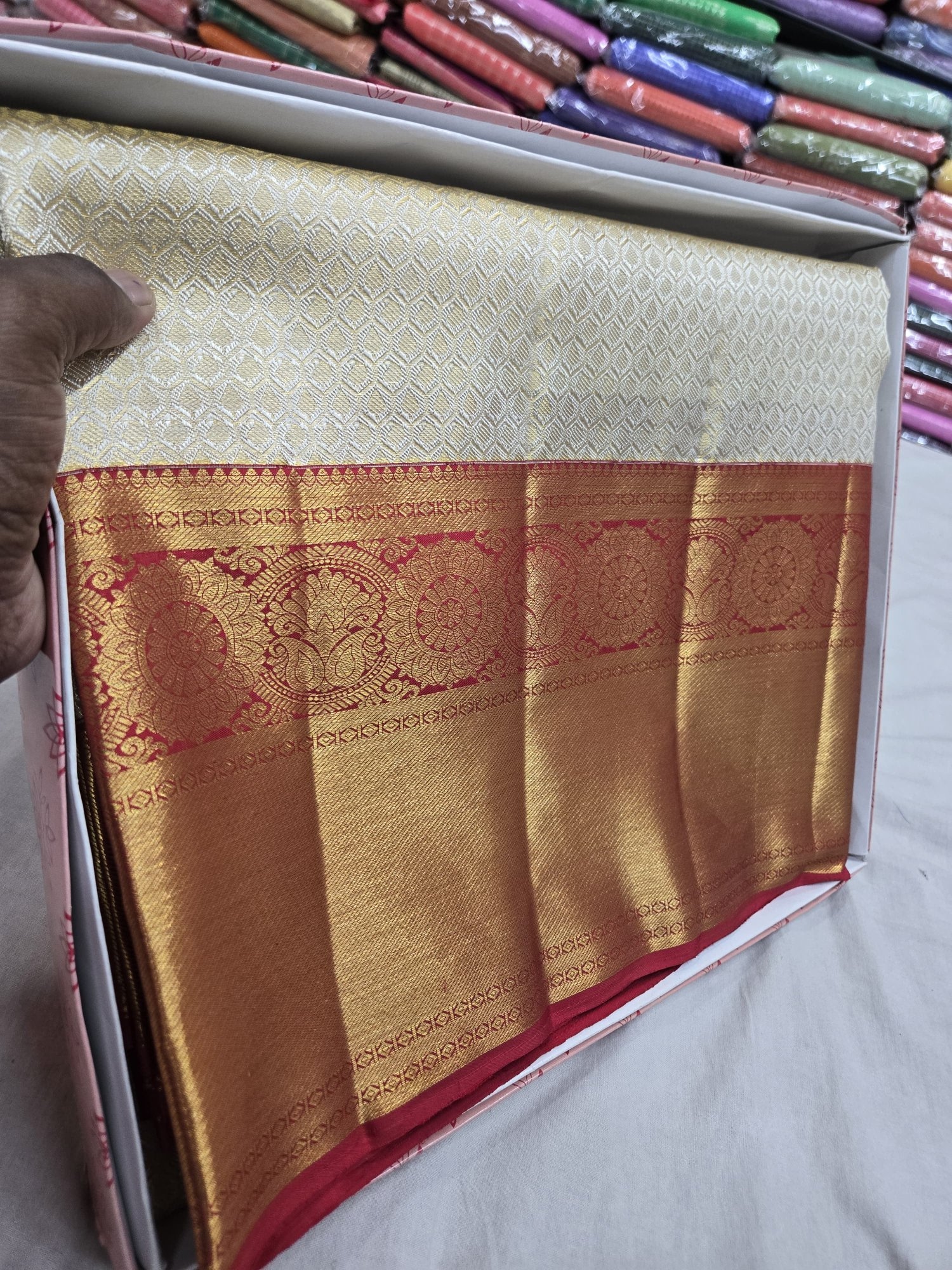 Pure Kanjivaram Silk Saree – Cream Gold Red Floral view 2 - Rangam Saradha Silks