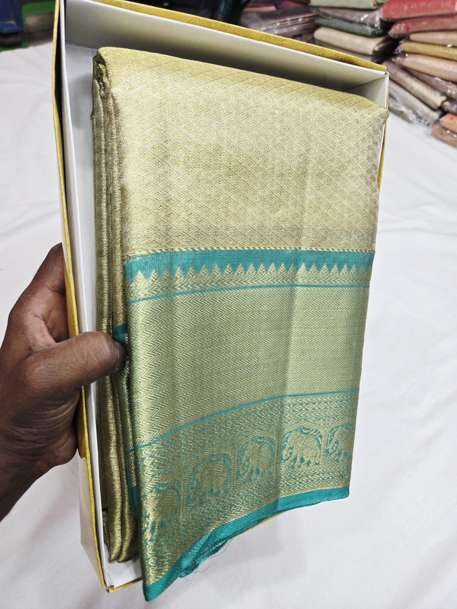 Pure Kanjivaram Silk Saree – Gold Teal Blue Elephant Zari view 2 - Rangam Saradha Silks