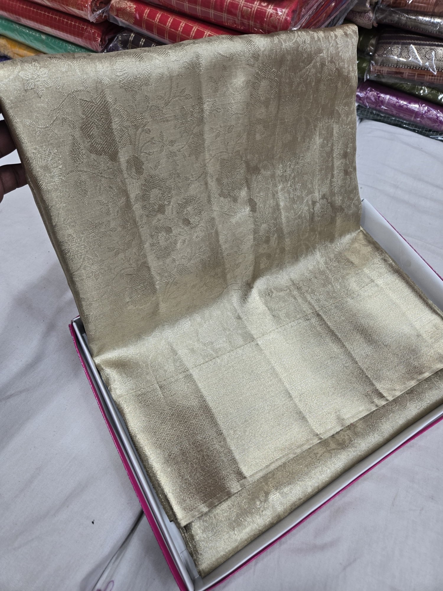 Pure Kanjivaram Silk Saree – Champagne Gold Floral view 2 - Rangam Saradha Silks