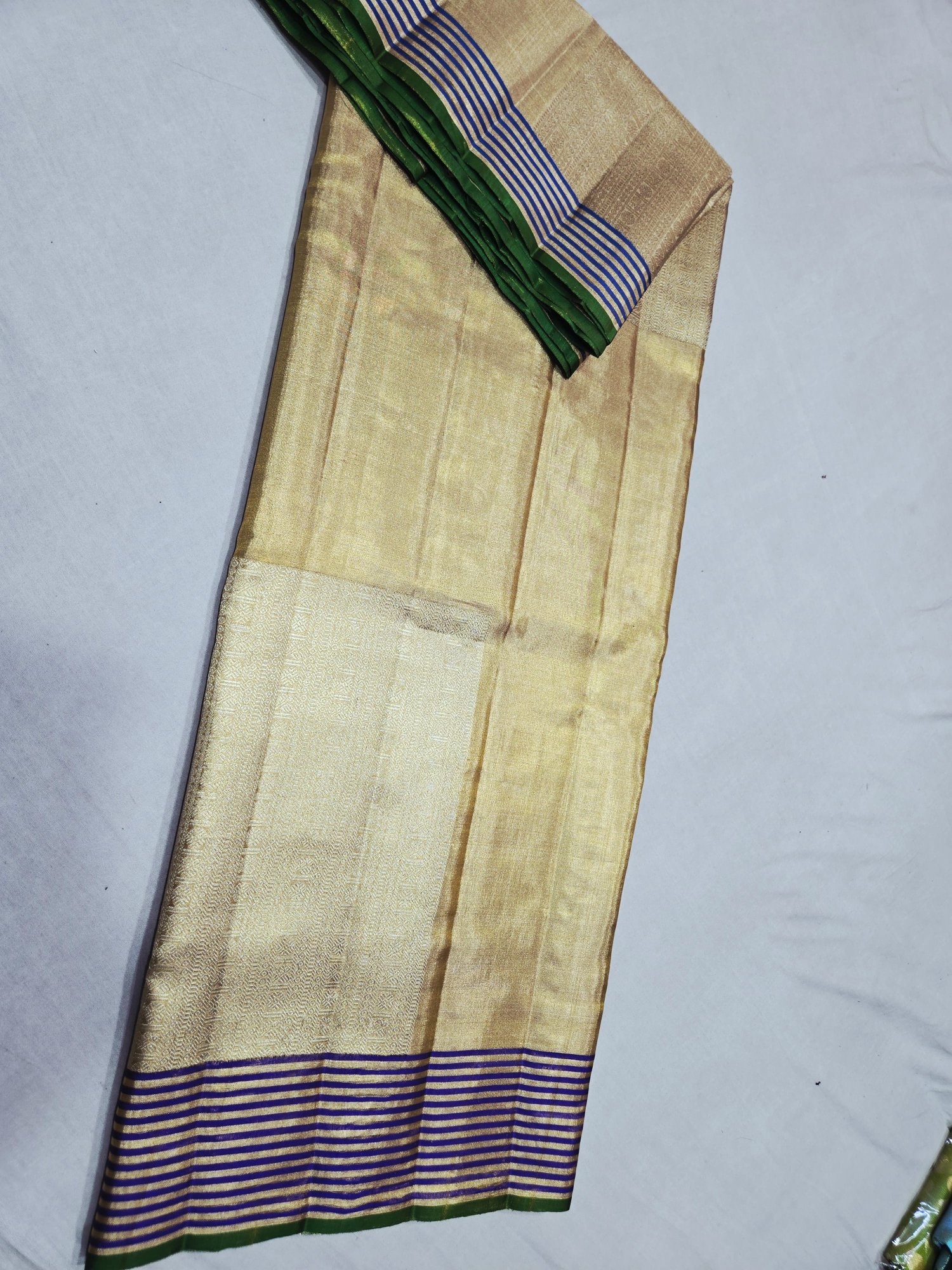 Pure Kanjivaram Silk Saree – Golden Beige Royal Blue Green view 2 - Rangam Saradha Silks