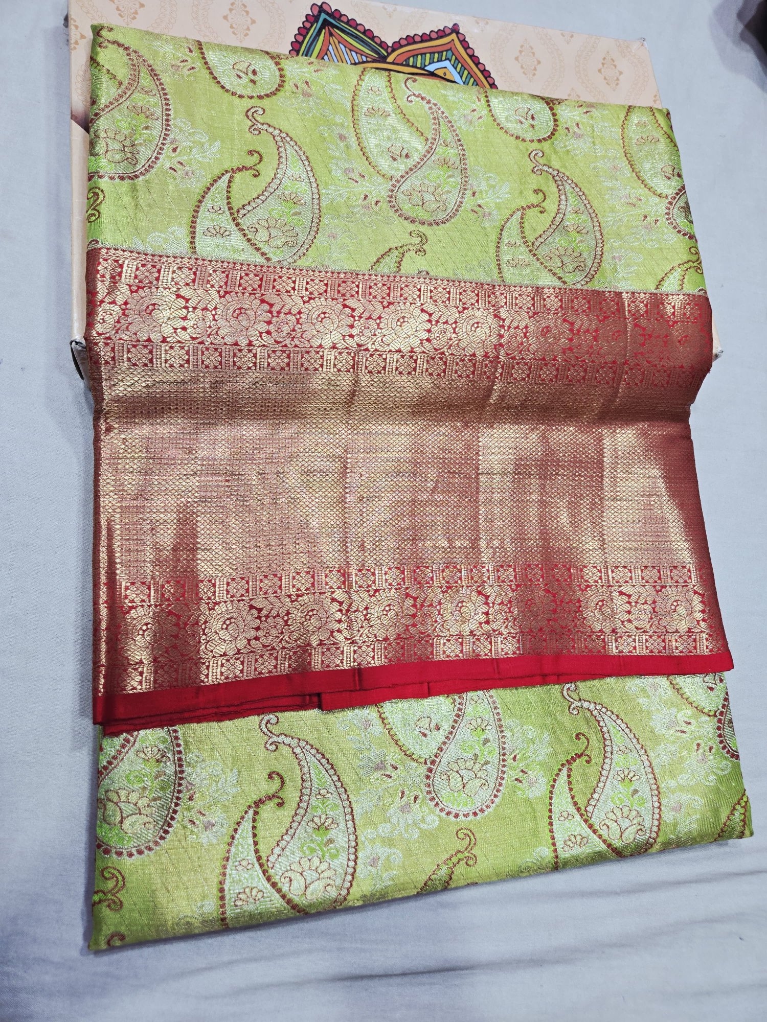 Pure Kanjivaram Silk Saree – Green Red Paisley Floral view 2 - Rangam Saradha Silks