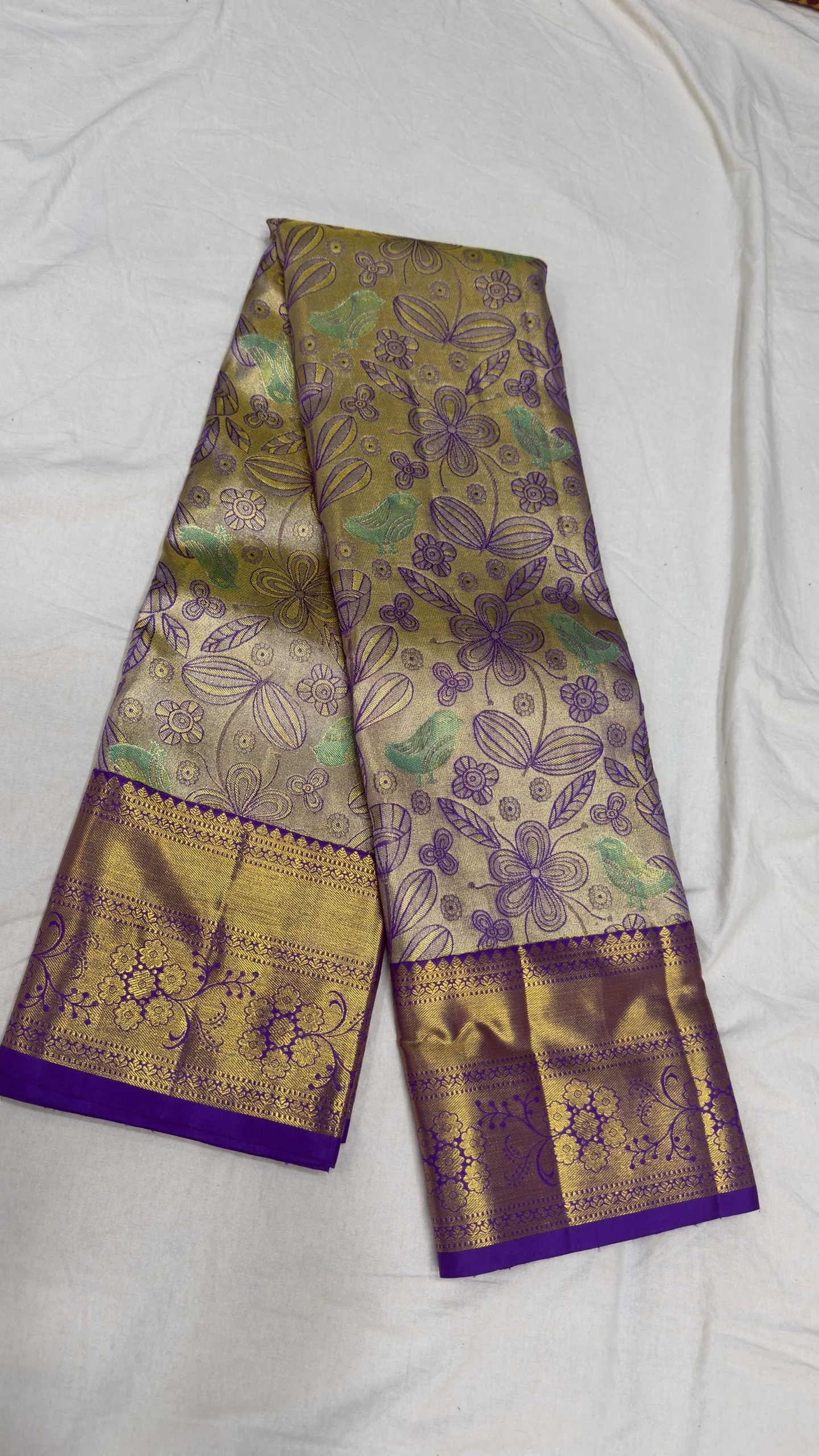 Kanjivaram Silk Saree – Antiquee Gold Purple Floral view 2 - Rangam Saradha Silks
