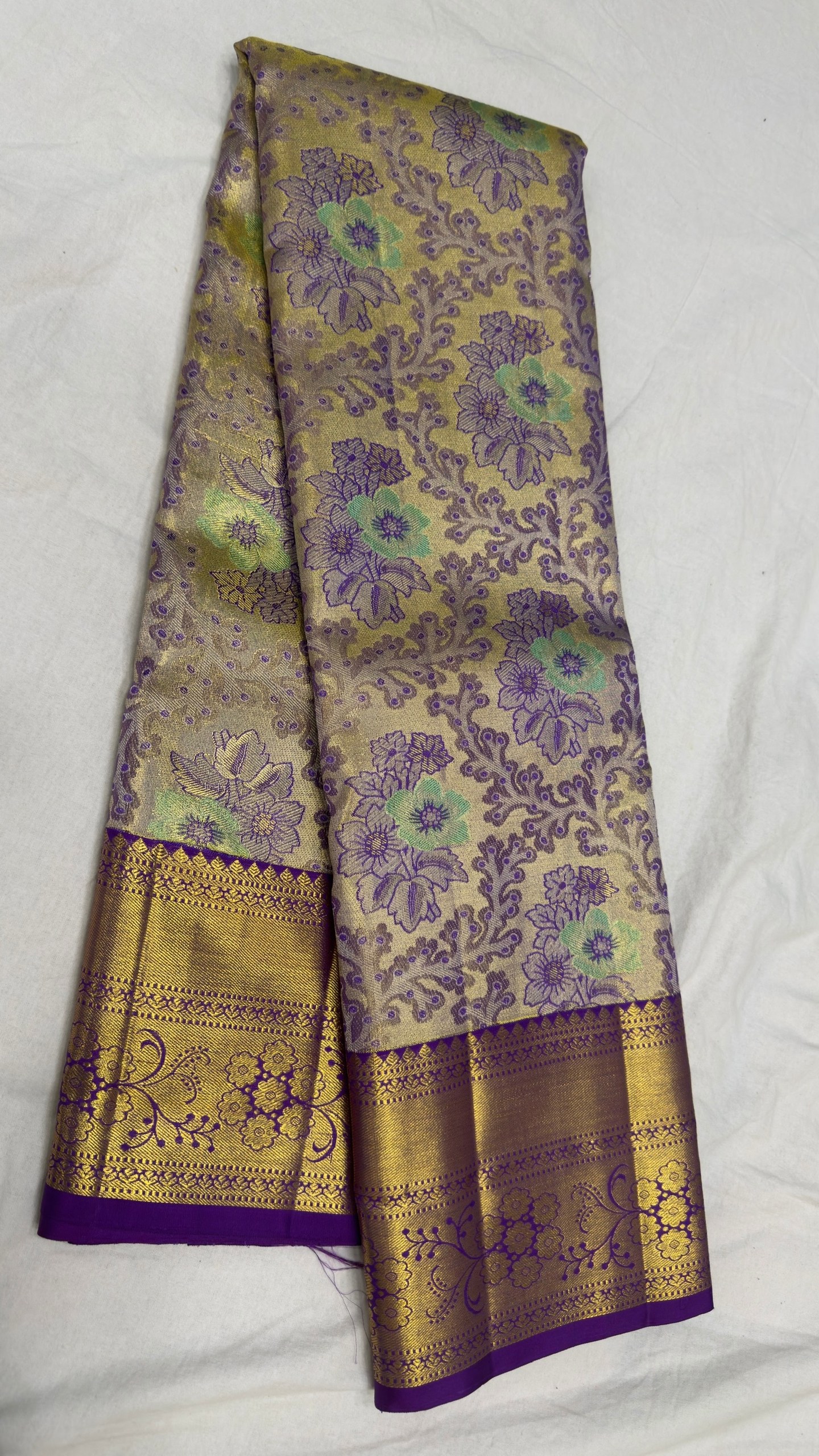 Pure Kanjivaram Silk Saree – Antique Gold Purple Floral view 2 - Rangam Saradha Silks