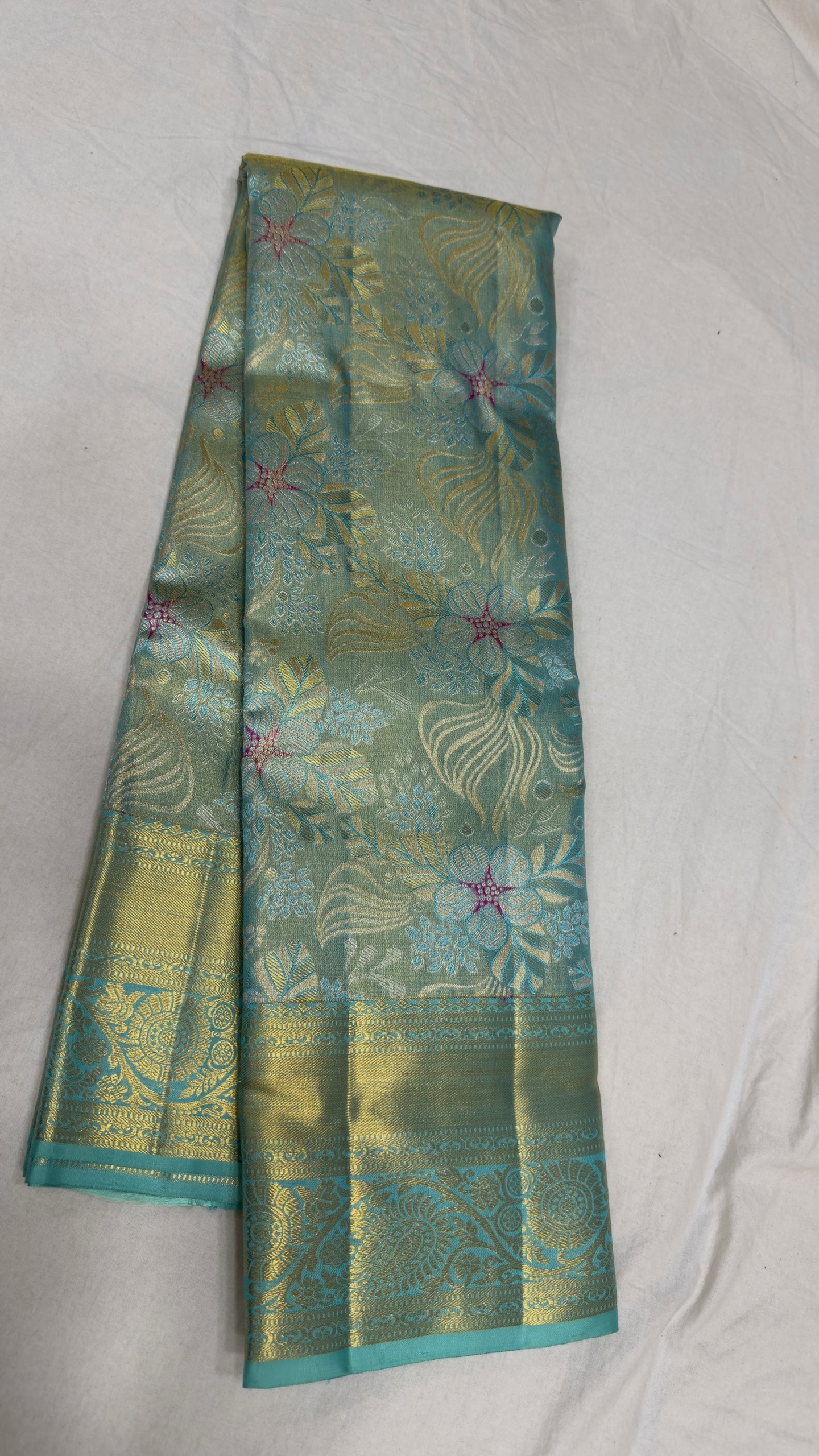 Pure Kanjivaram Silk Saree – Sea Green Blue Floral view 4 - Rangam Saradha Silks