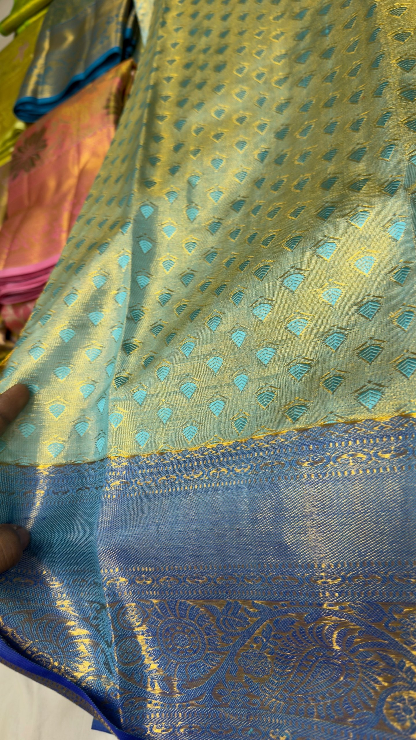 Pure Kanjivaram Silk Saree – Sea Green Royal Blue Floral view 3 - Rangam Saradha Silks