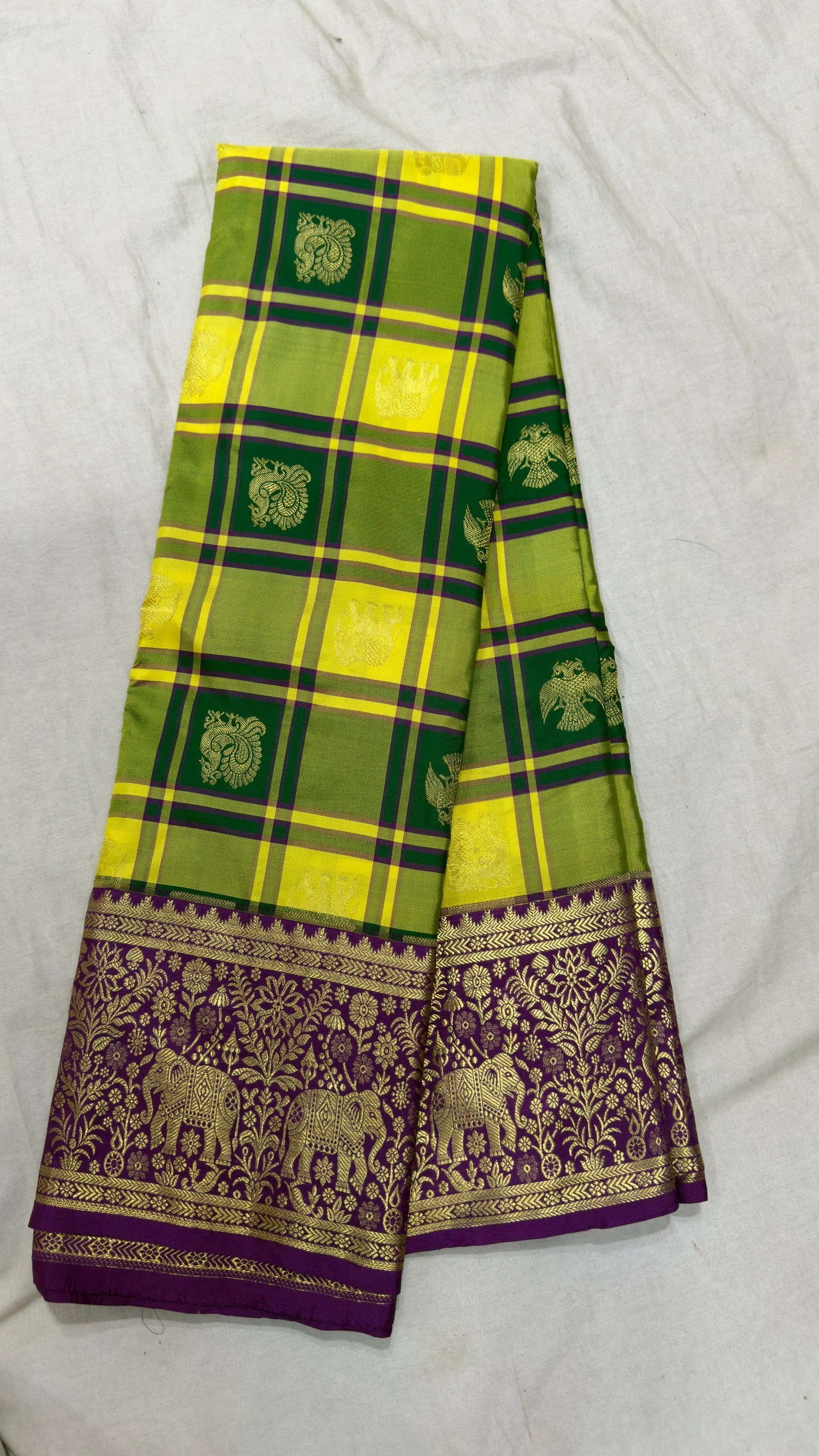Emerald Olive Kanjivaram Silk Saree with Elephant & Floral Zari Border view 2 - Rangam Saradha Silks