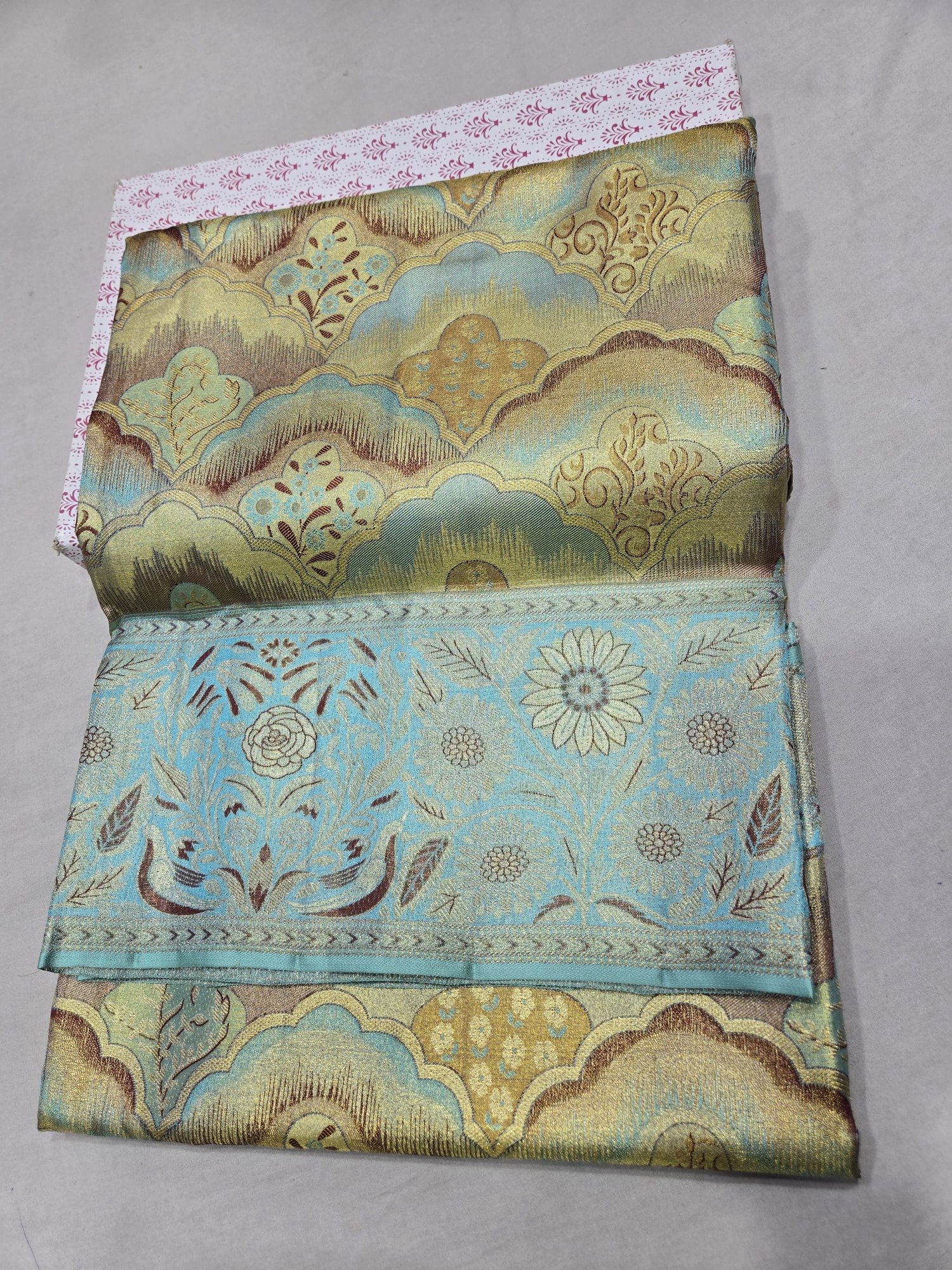 Pure Kanjivaram Silk Saree – Sage Green Aqua Blue Gold Floral view 2 - Rangam Saradha Silks