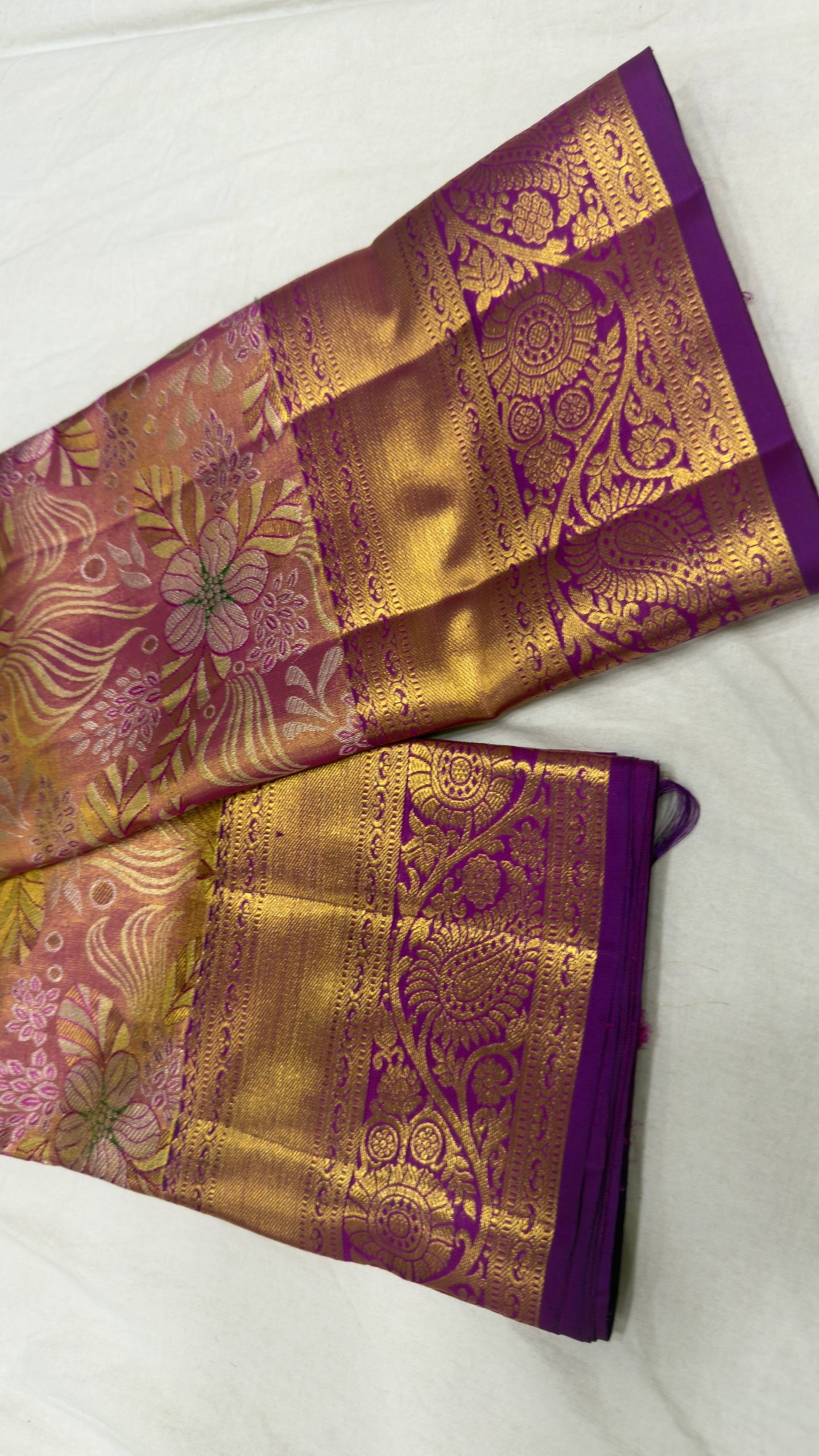 Pure Kanjivaram Silk Saree – Peach Wine Purple Floral view 3 - Rangam Saradha Silks