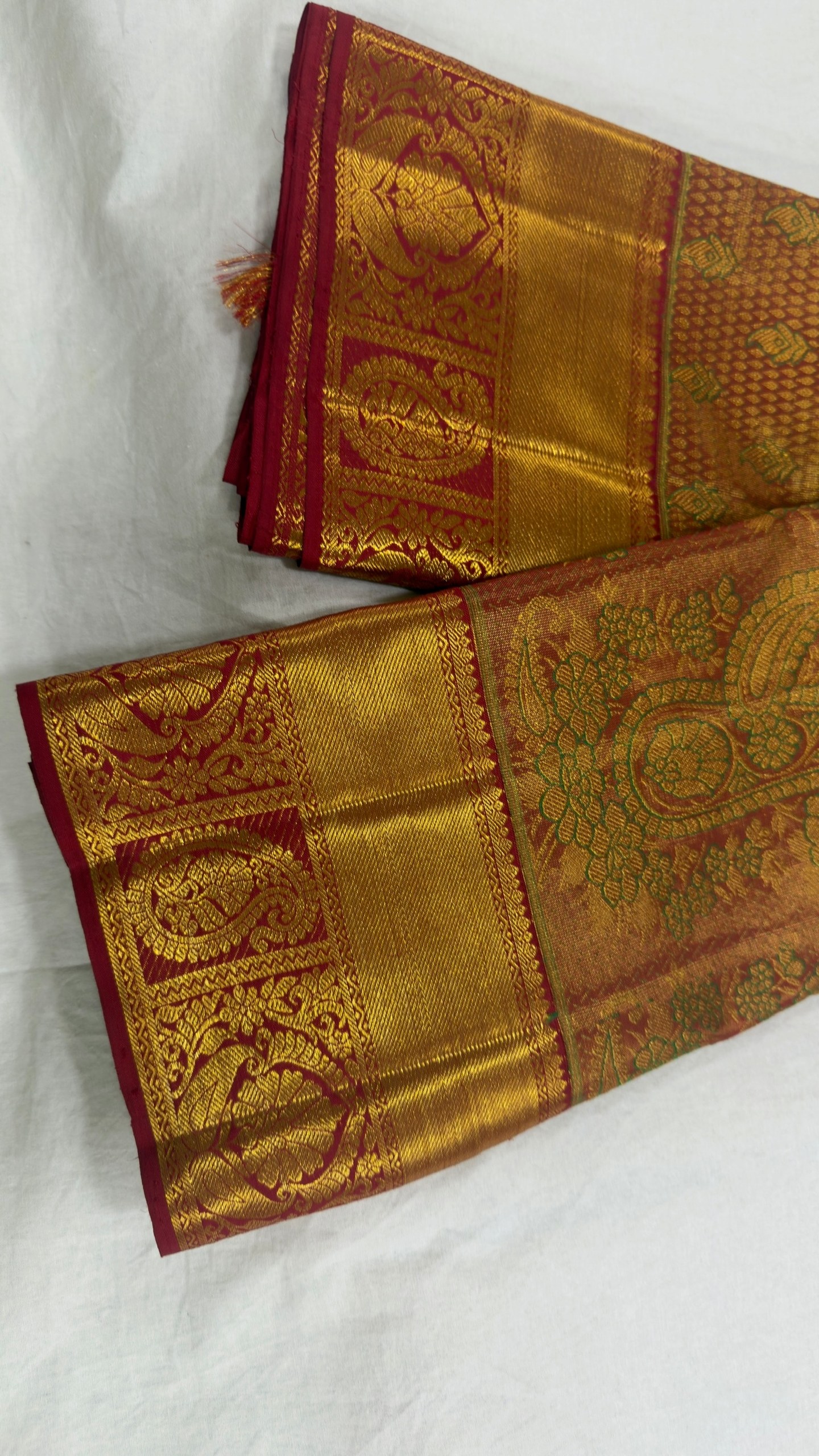 Pure Kanjivaram Silk Saree – Rust Copper Gold Green Paisley view 3 - Rangam Saradha Silks