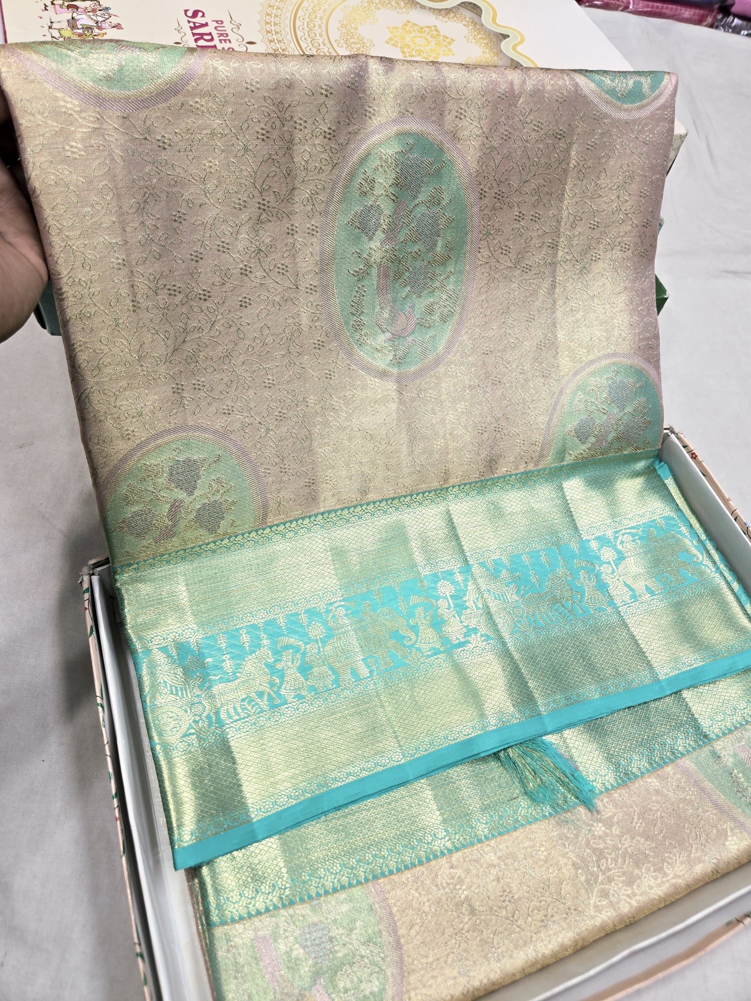 Pearl Mist Silk Saree with Aqua Peacock Medallions and Zari Pallu view 2 - Rangam Saradha Silks