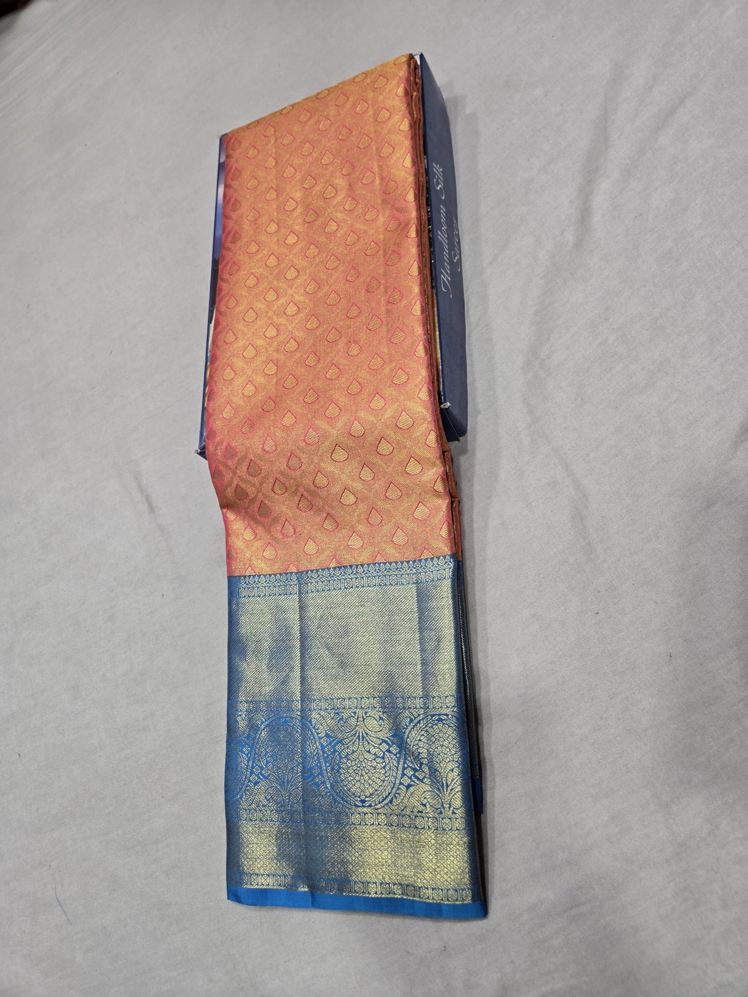 Pure Kanjivaram Silk Saree – Peach Gold Blue Paisley detail