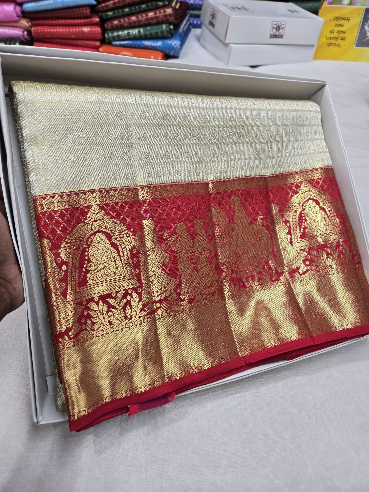 Pure Kanjivaram Silk Saree – Ivory Red Gold Temple Procession view 2 - Rangam Saradha Silks