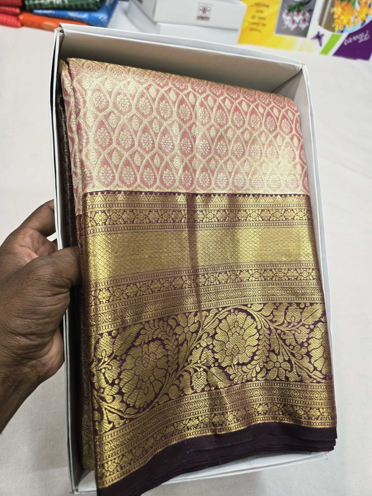 Blush Pink & Antique Gold Geometric Silk Saree view 4 - Rangam Saradha Silks