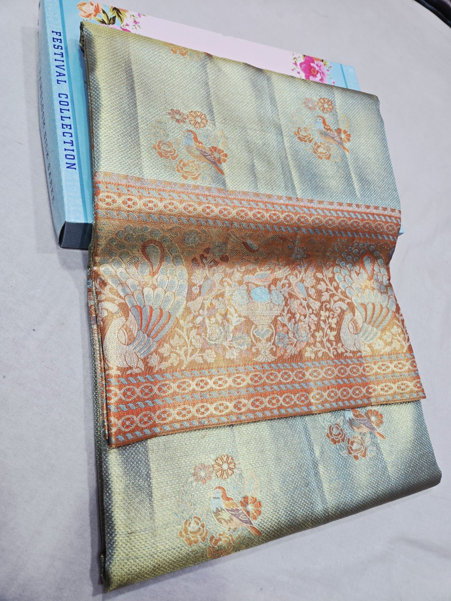 Pure Kanjivaram Silk Saree – Sea Green Peacock view 2 - Rangam Saradha Silks