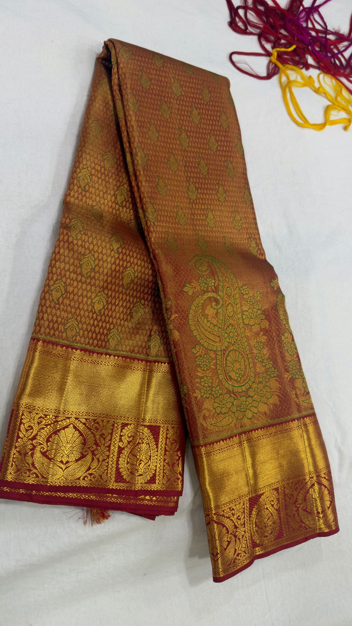 Pure Kanjivaram Silk Saree – Rust Copper Gold Green Paisley view 2 - Rangam Saradha Silks