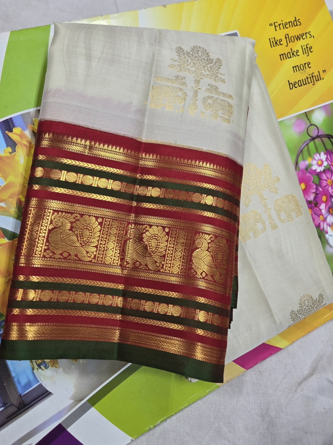 Classic Ivory Silk Saree with Maroon Green Peacock Zari Border view 2 - Rangam Saradha Silks
