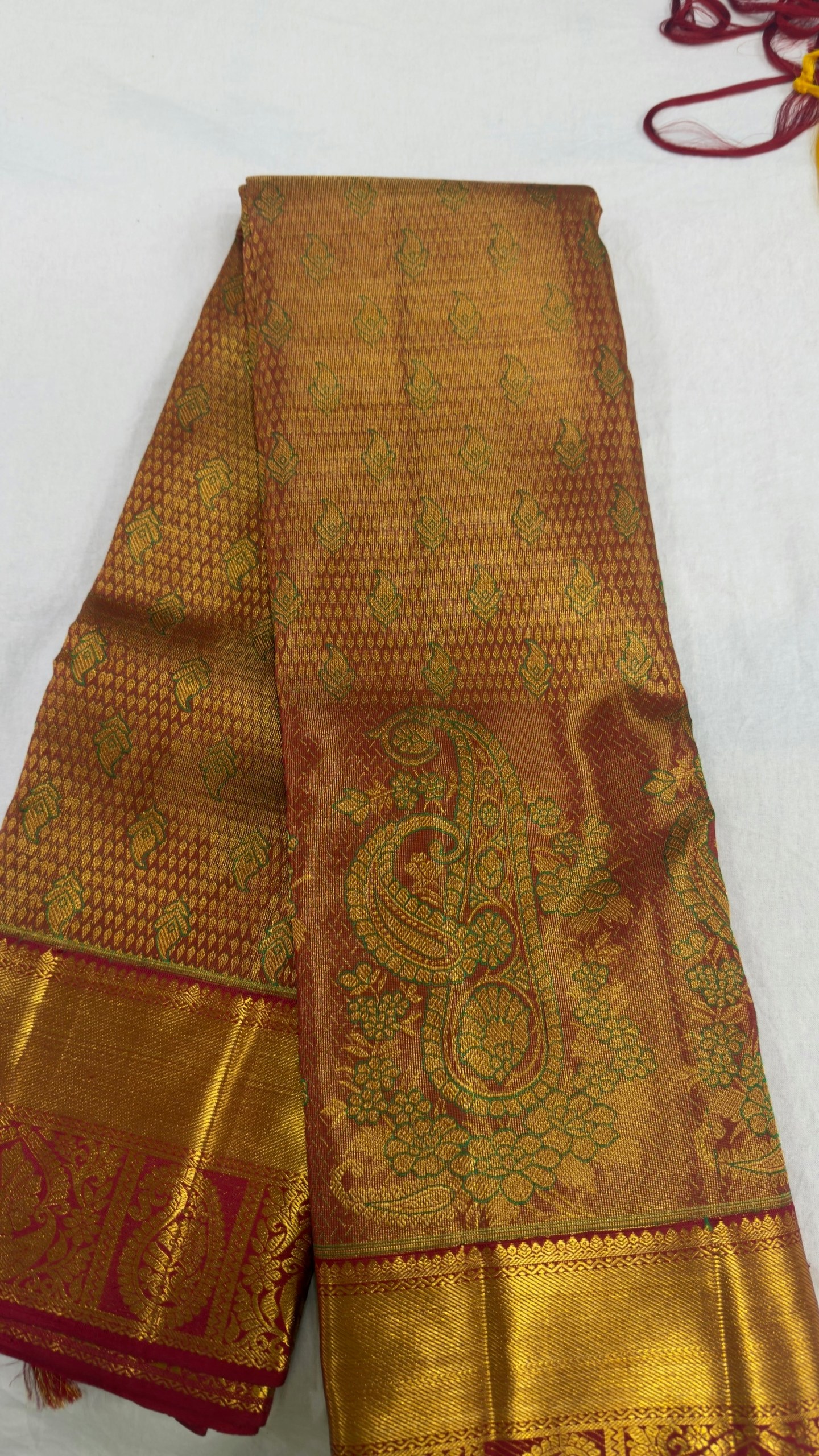 Pure Kanjivaram Silk Saree – Rust Copper Gold Green Paisley view 7 - Rangam Saradha Silks