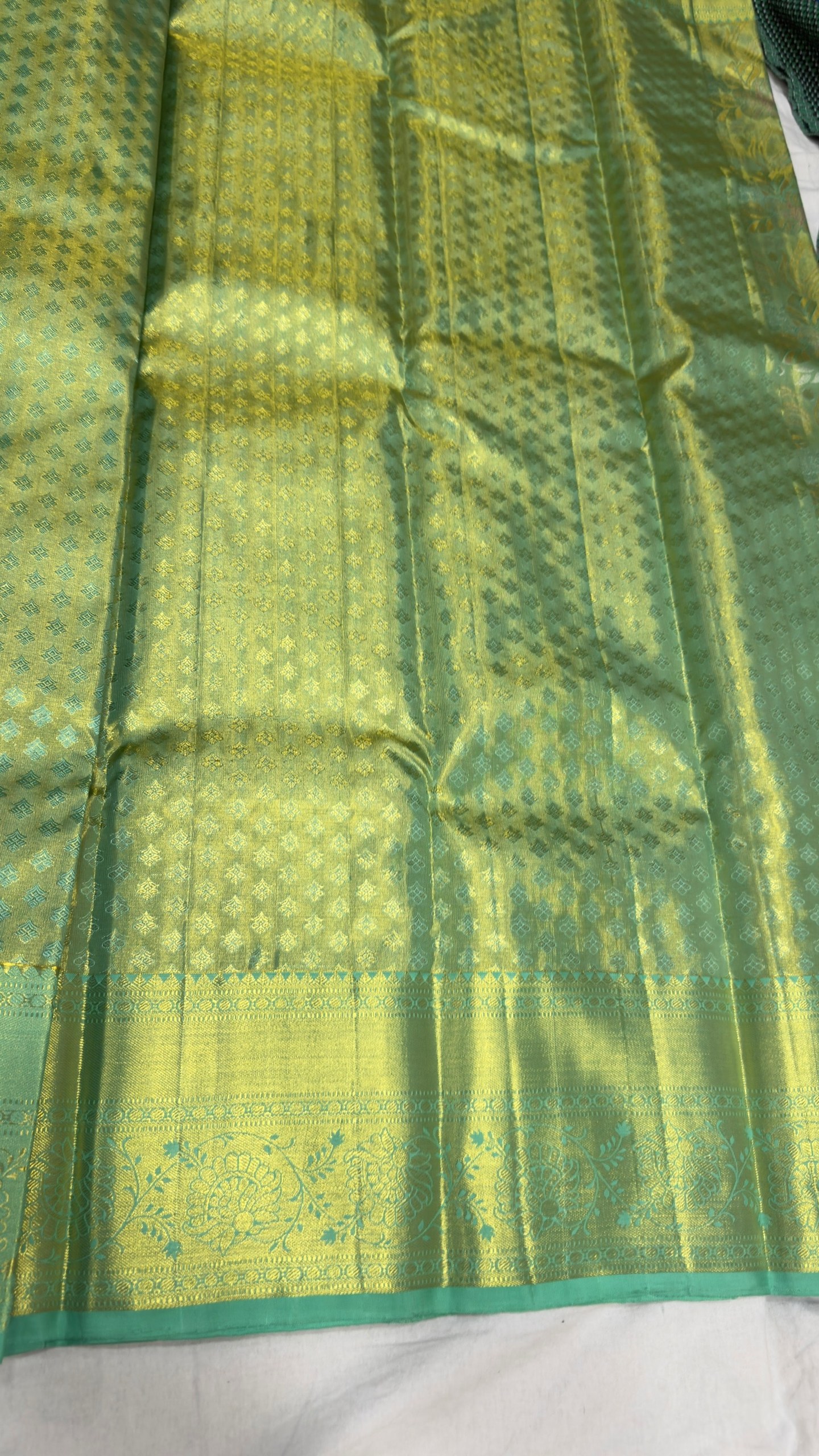 Pure Kanjivaram Silk Saree – Sage Green Teal Floral