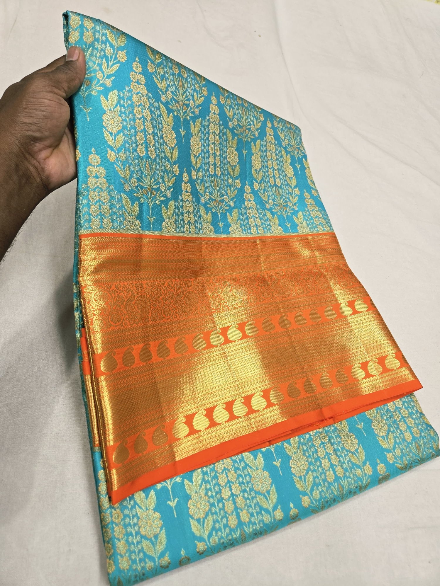 Turquoise Bloom Silk Saree with Burnt Orange Zari Paisley Pallu view 2 - Rangam Saradha Silks
