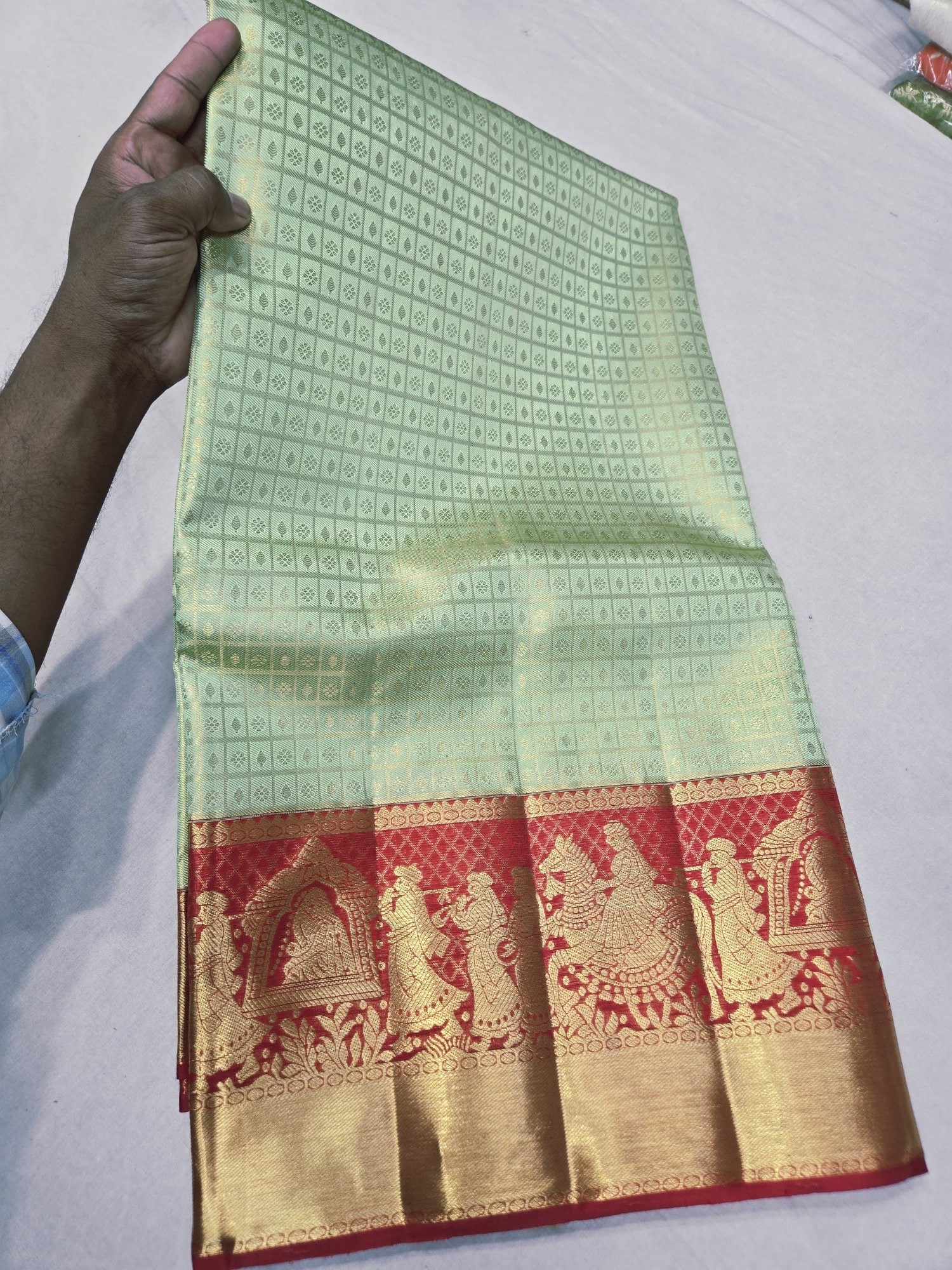 Pure Kanjivaram Silk Saree – Mint Green Maroon Gold view 2 - Rangam Saradha Silks