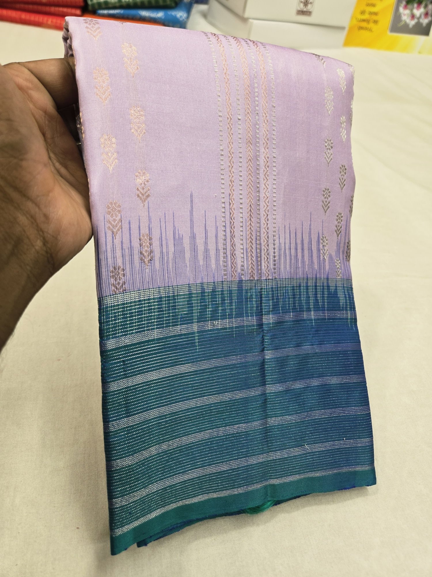 Pure Kanjivaram Silk Saree – Lavender Teal Silver Floral view 2 - Rangam Saradha Silks