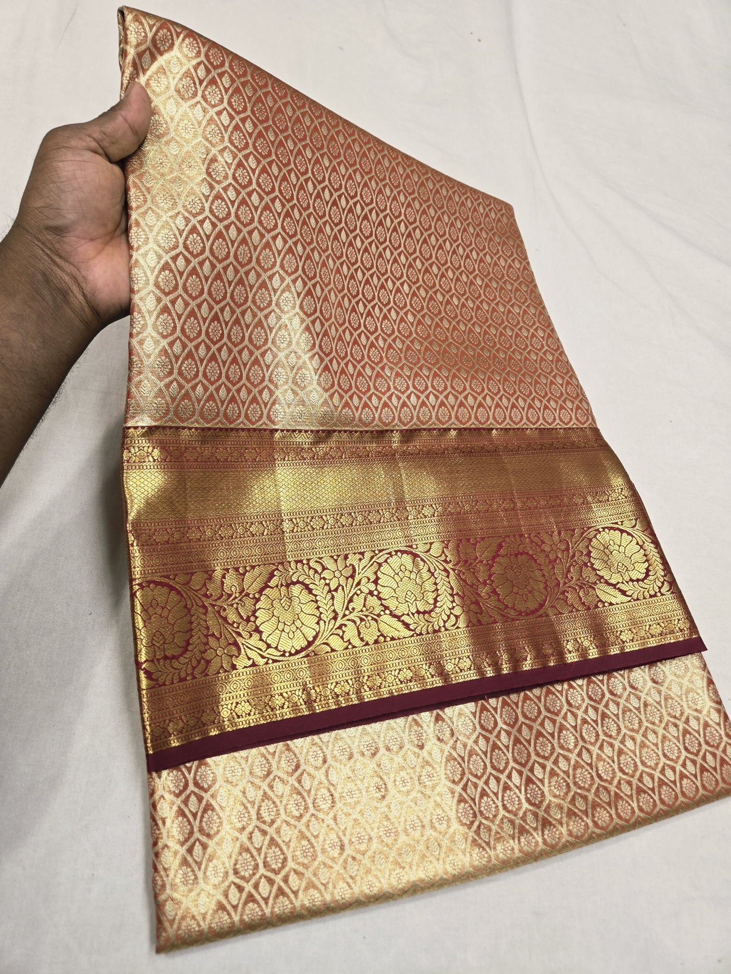 Pure Kanjivaram Silk Saree – Champagne Gold Maroon Floral view 2 - Rangam Saradha Silks