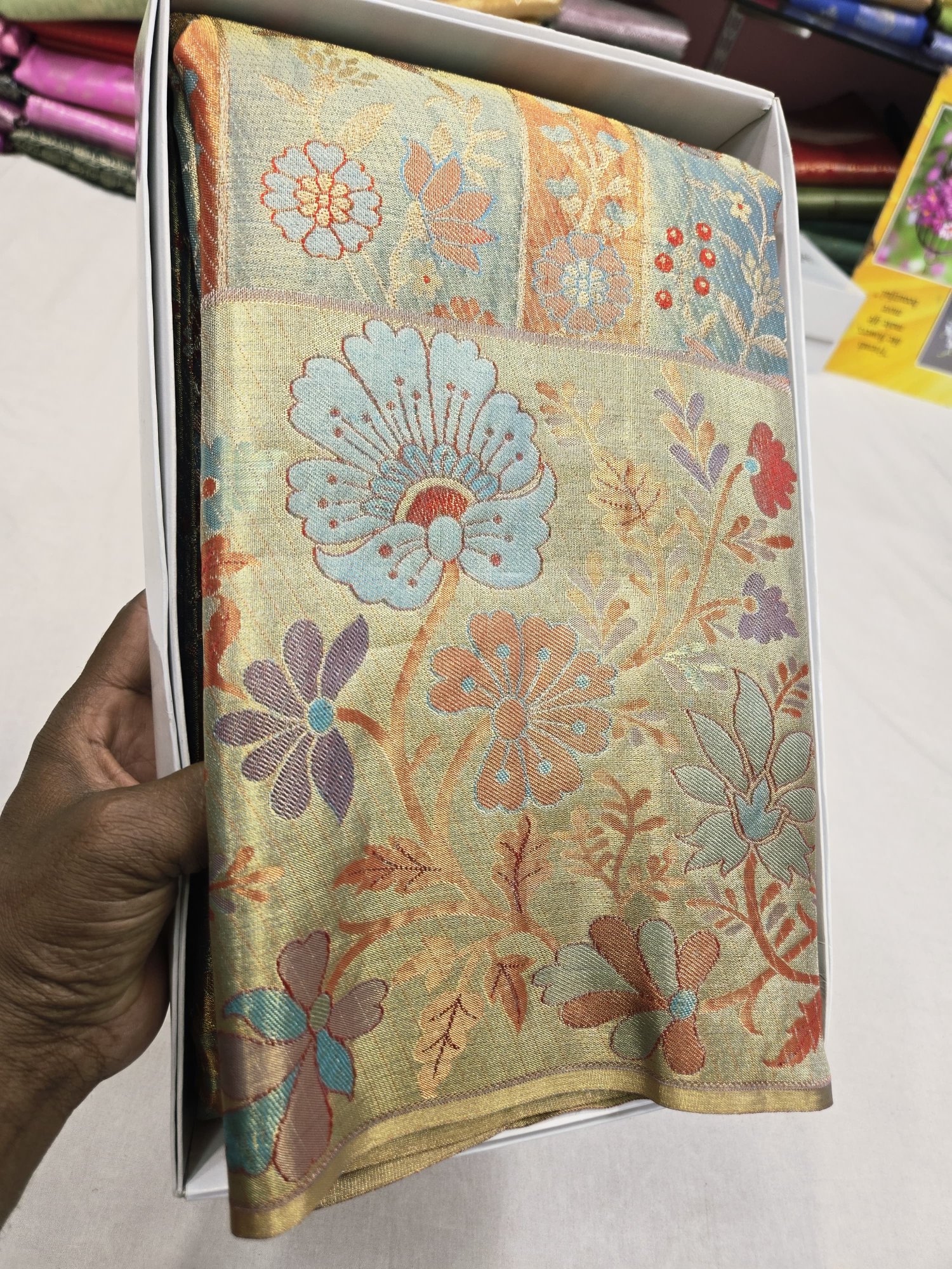 Sage Floral Silk Saree with Multicolor Botanical Weave view 5 - Rangam Saradha Silks