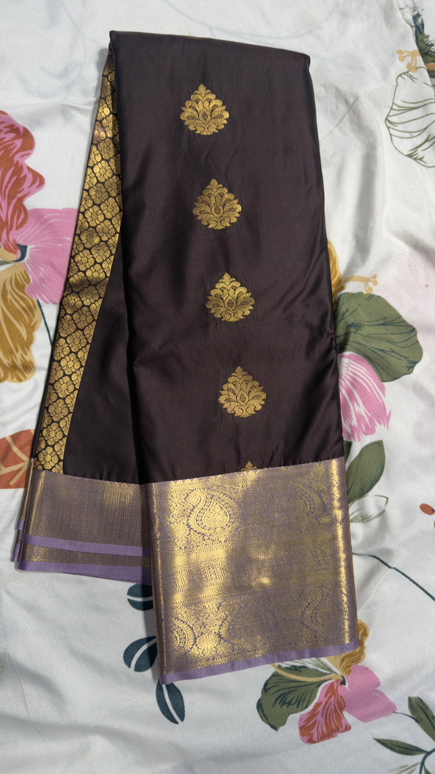 Chocolate Brown & Purple Gold Zari Semi Kanchi Pattu Saree