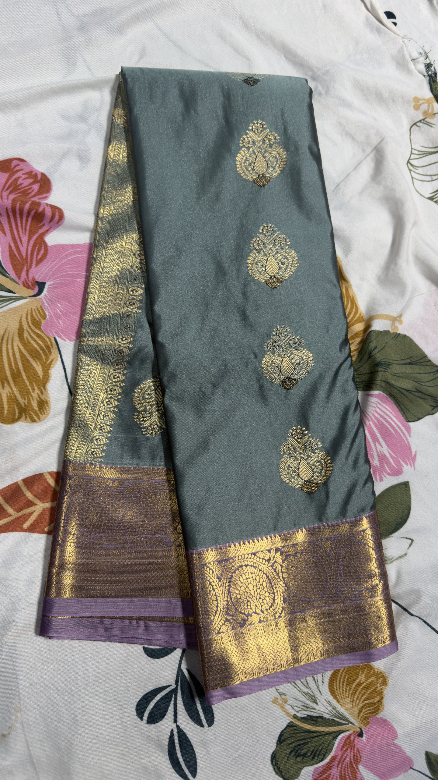 Sage Green & Purple Gold Zari Semi Kanchi Pattu Saree