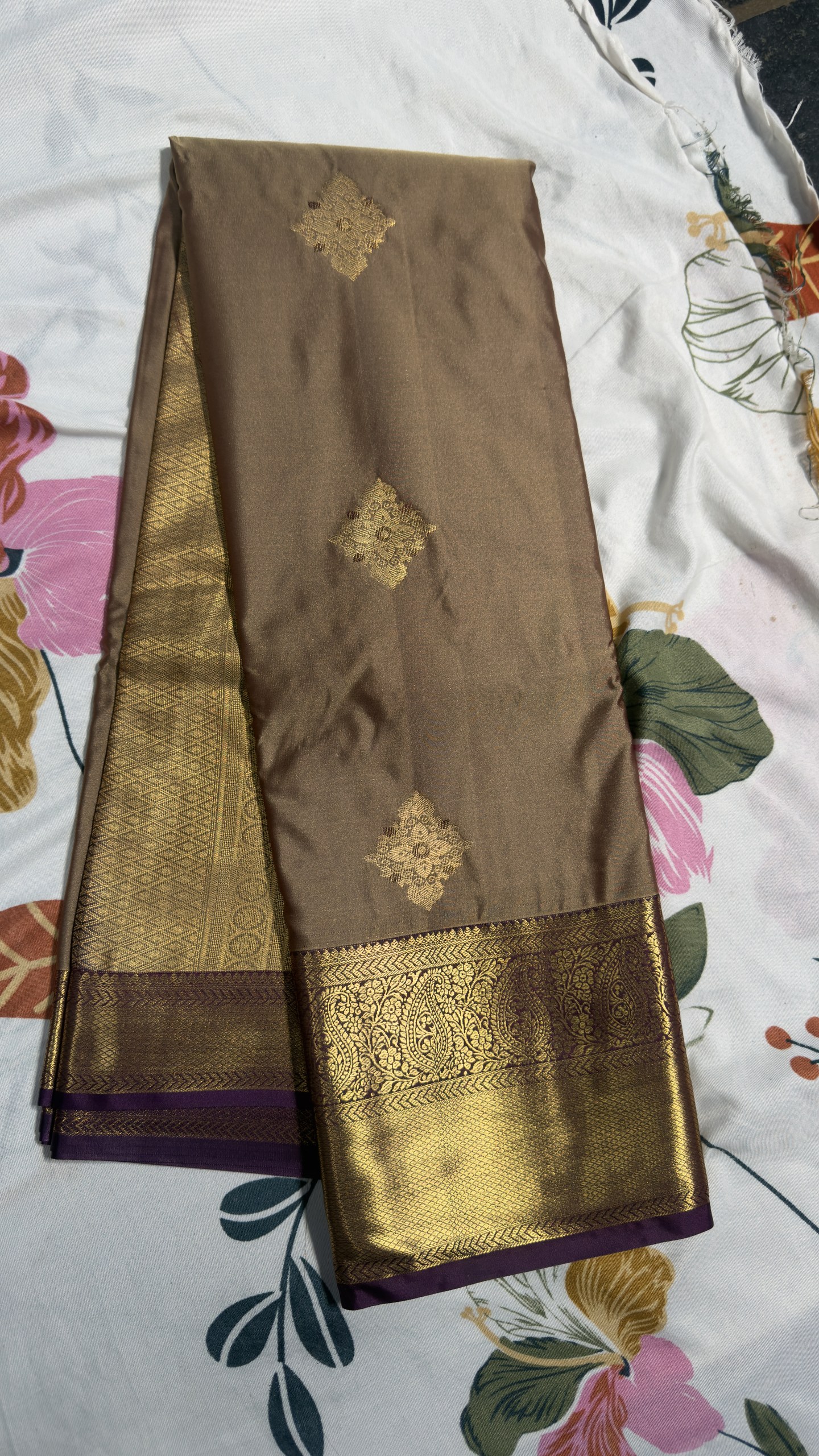 Mocha Brown & Purple Gold Zari Semi Kanchi Pattu Saree