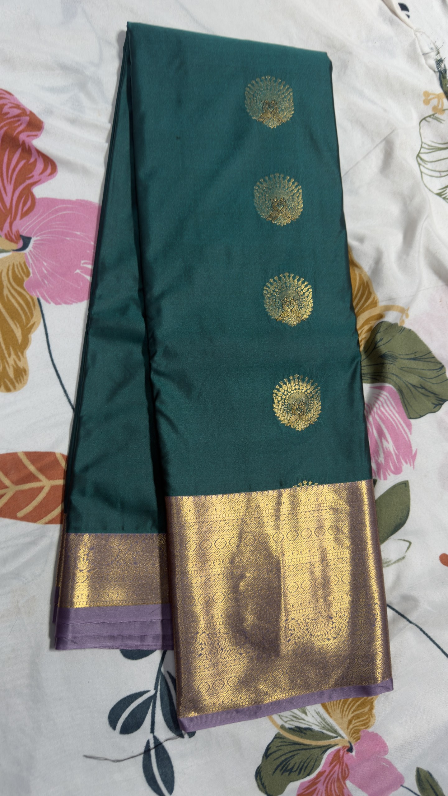 Teal Green & Lavender Gold Zari Semi Kanchi Pattu Saree