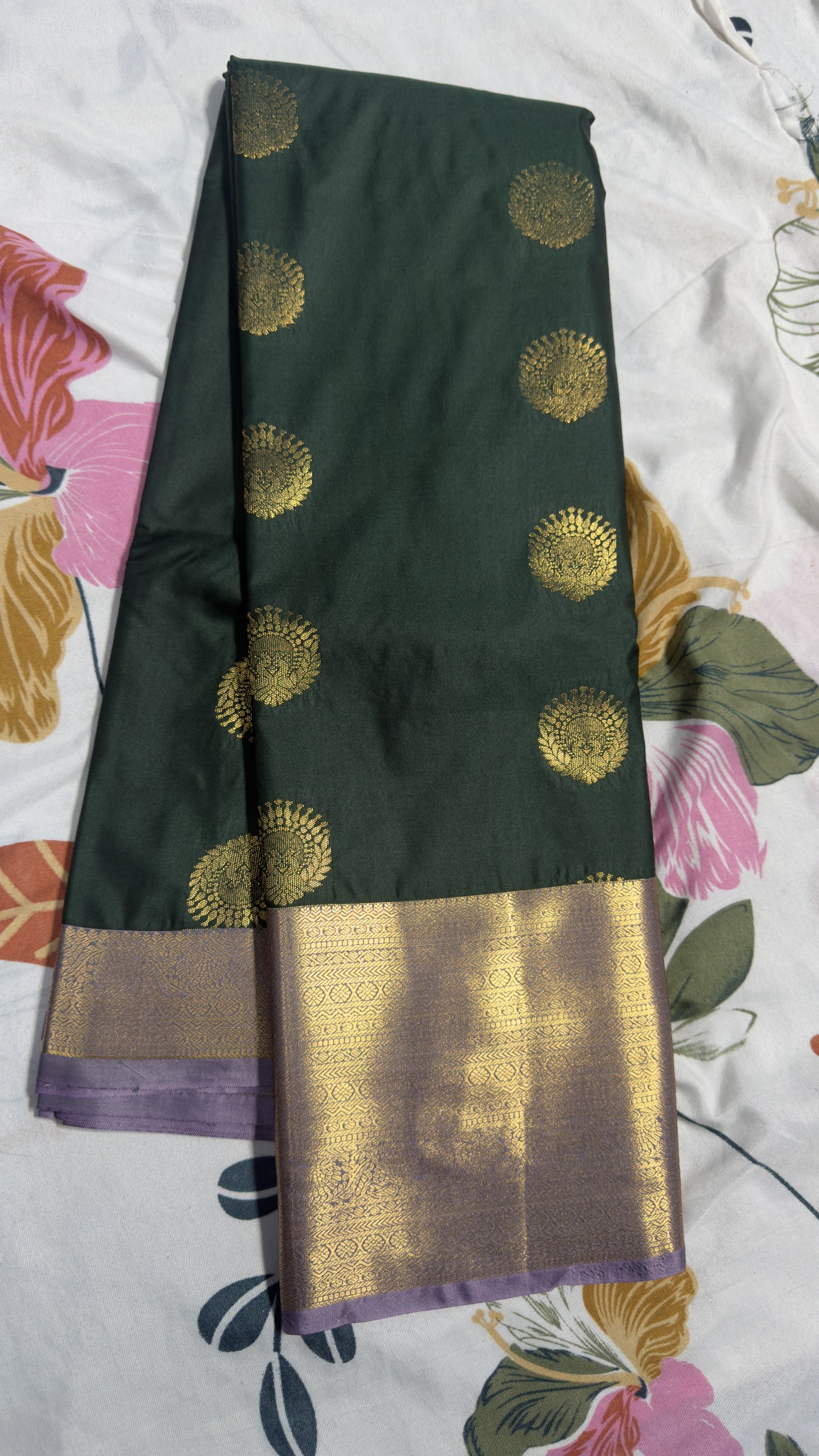 Bottle Green & Lavender Gold Zari Semi Kanchi Pattu Saree