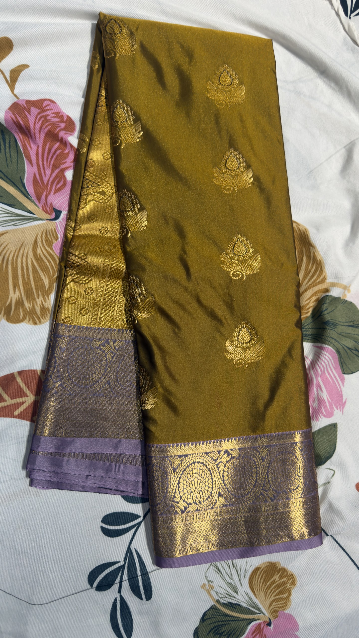 Mustard Green & Lavender Gold Zari Semi Kanchi Pattu Saree