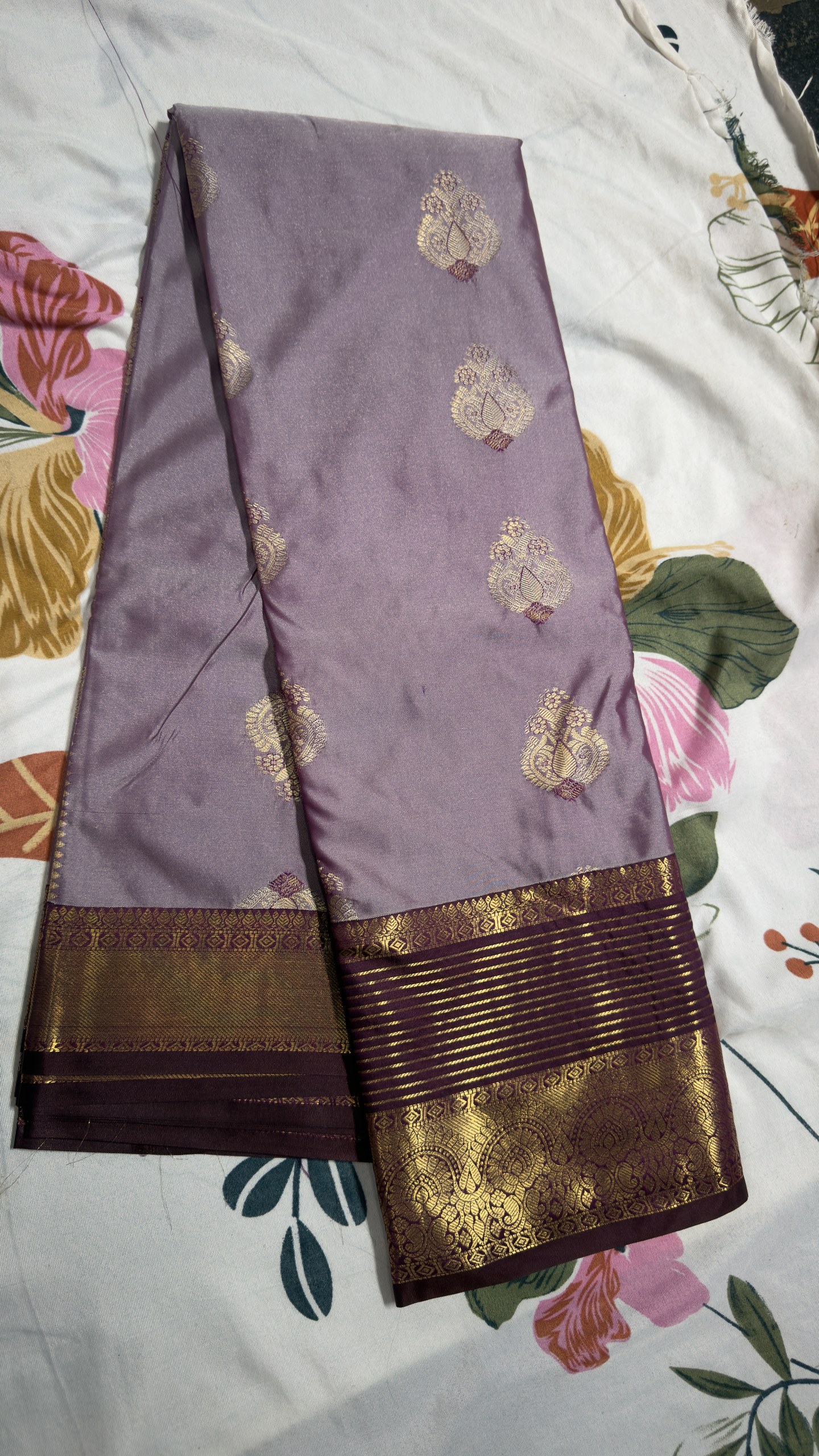 Lavender Purple & Wine Gold Zari Semi Kanchi Pattu Saree