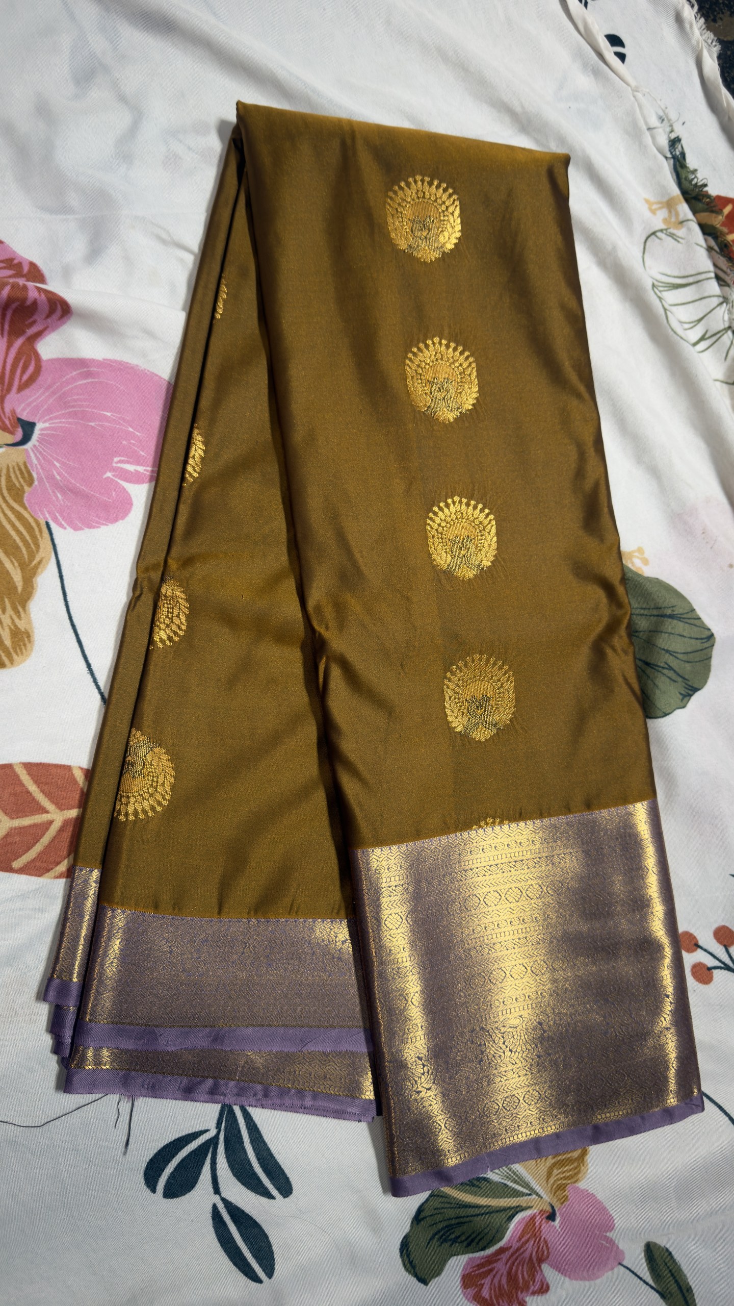 Oolive Green & Purple Gold Zari Semi Kanchi Pattu Saree