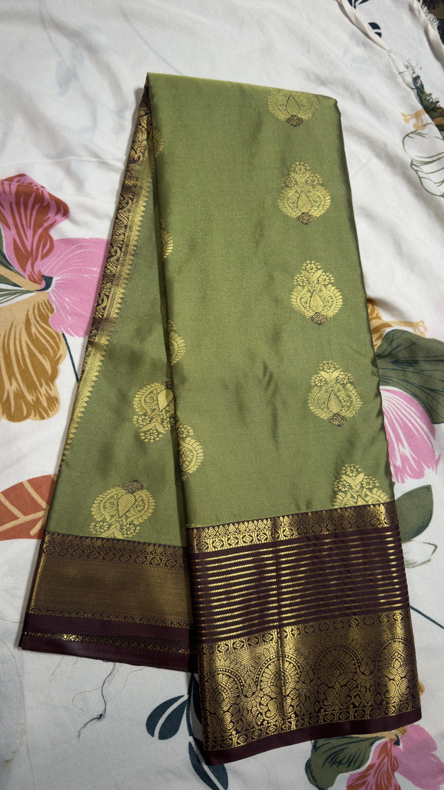 Olive Green & Wine Gold Zari Semi Kanchi Pattu Saree