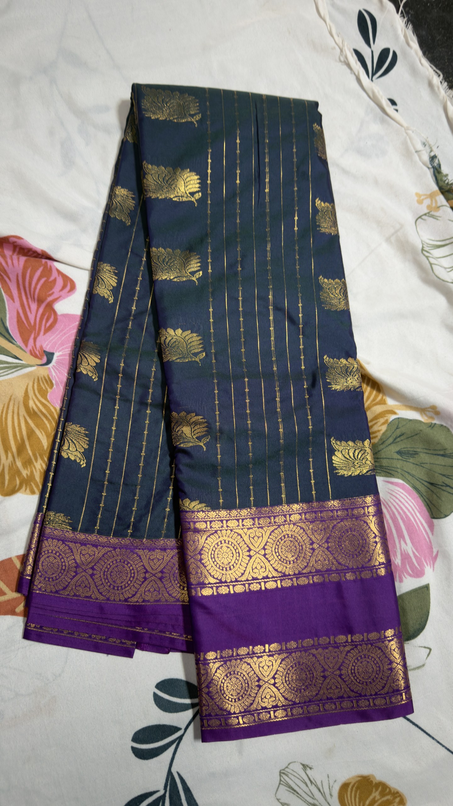 Navy Blue & Purple Gold Zari Semi Kanchi Pattu Saree