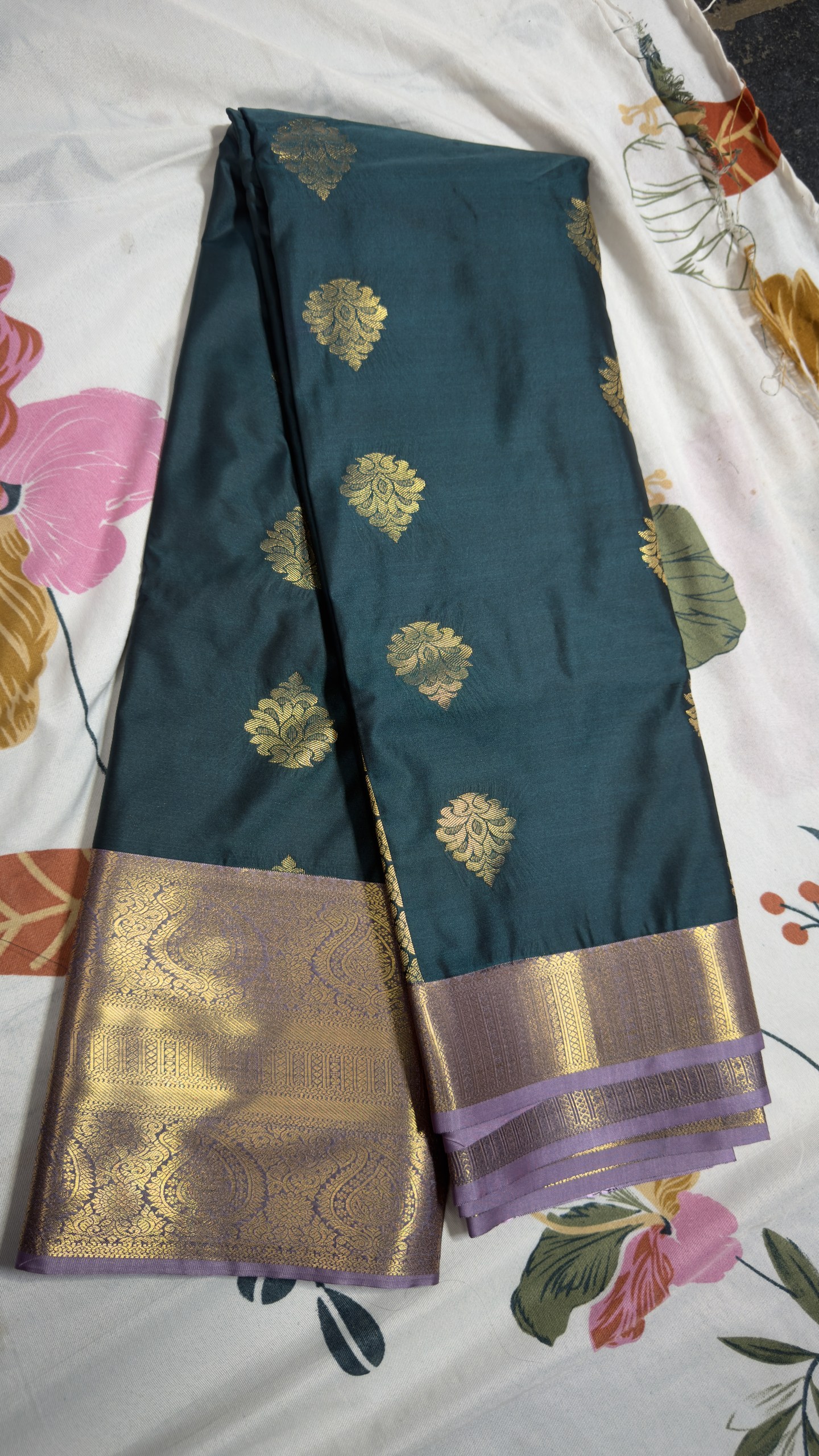 Teal Blue & Lavender Gold Zari Semi Kanchi Pattu Saree