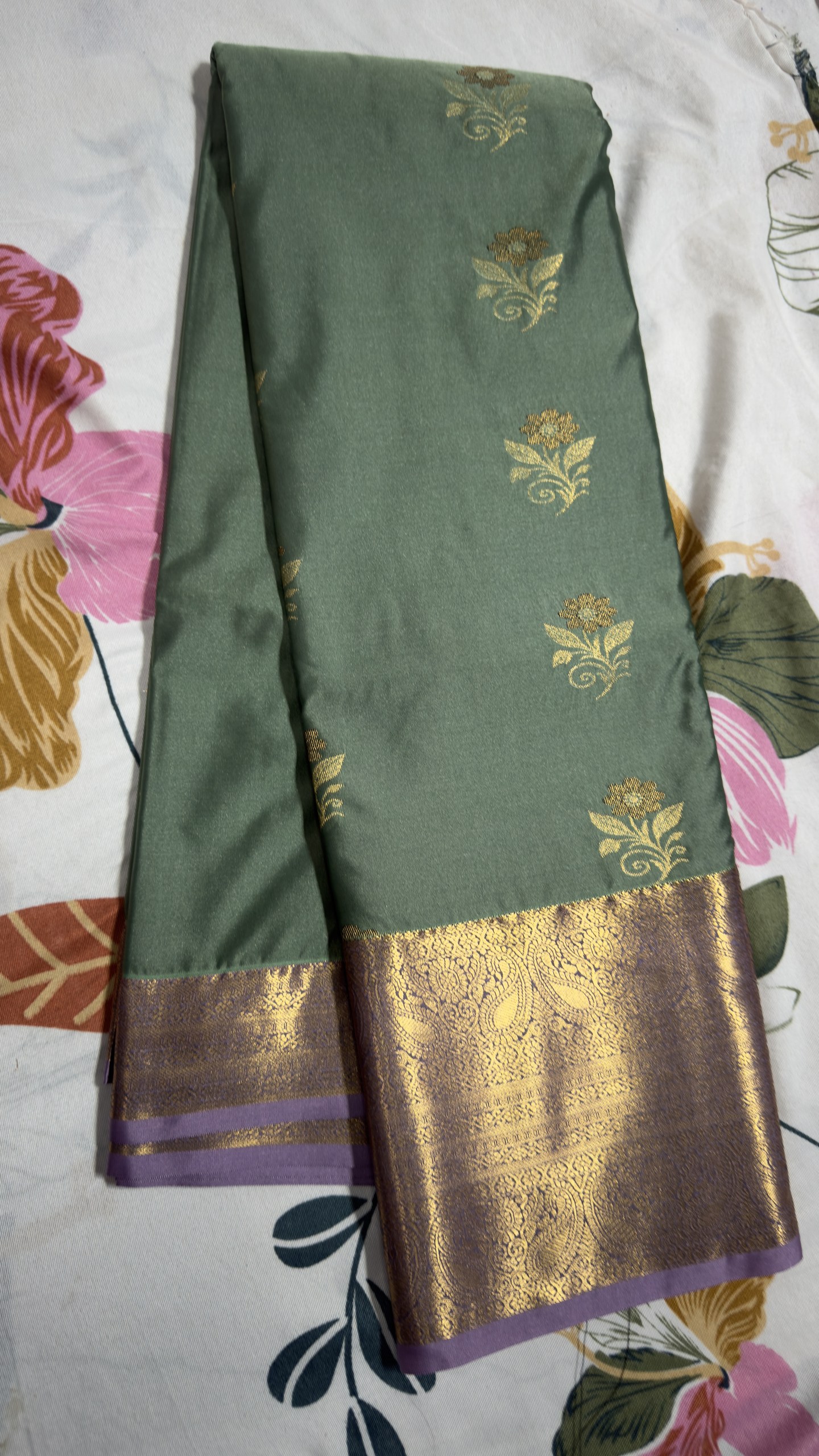 Olive Green & Purple Gold Zari Semi Kanchi Pattu