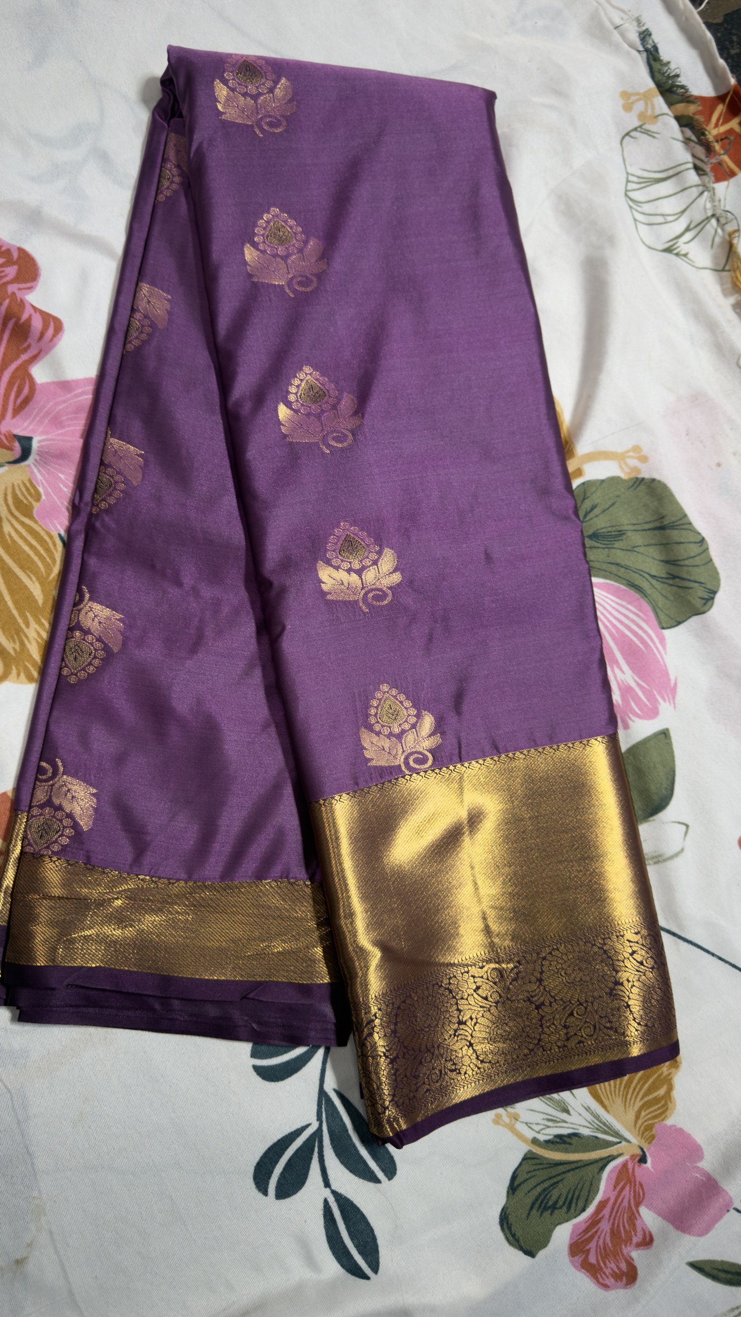 Purple Gold Zari Floral Semi Kanchi Pattu Saree