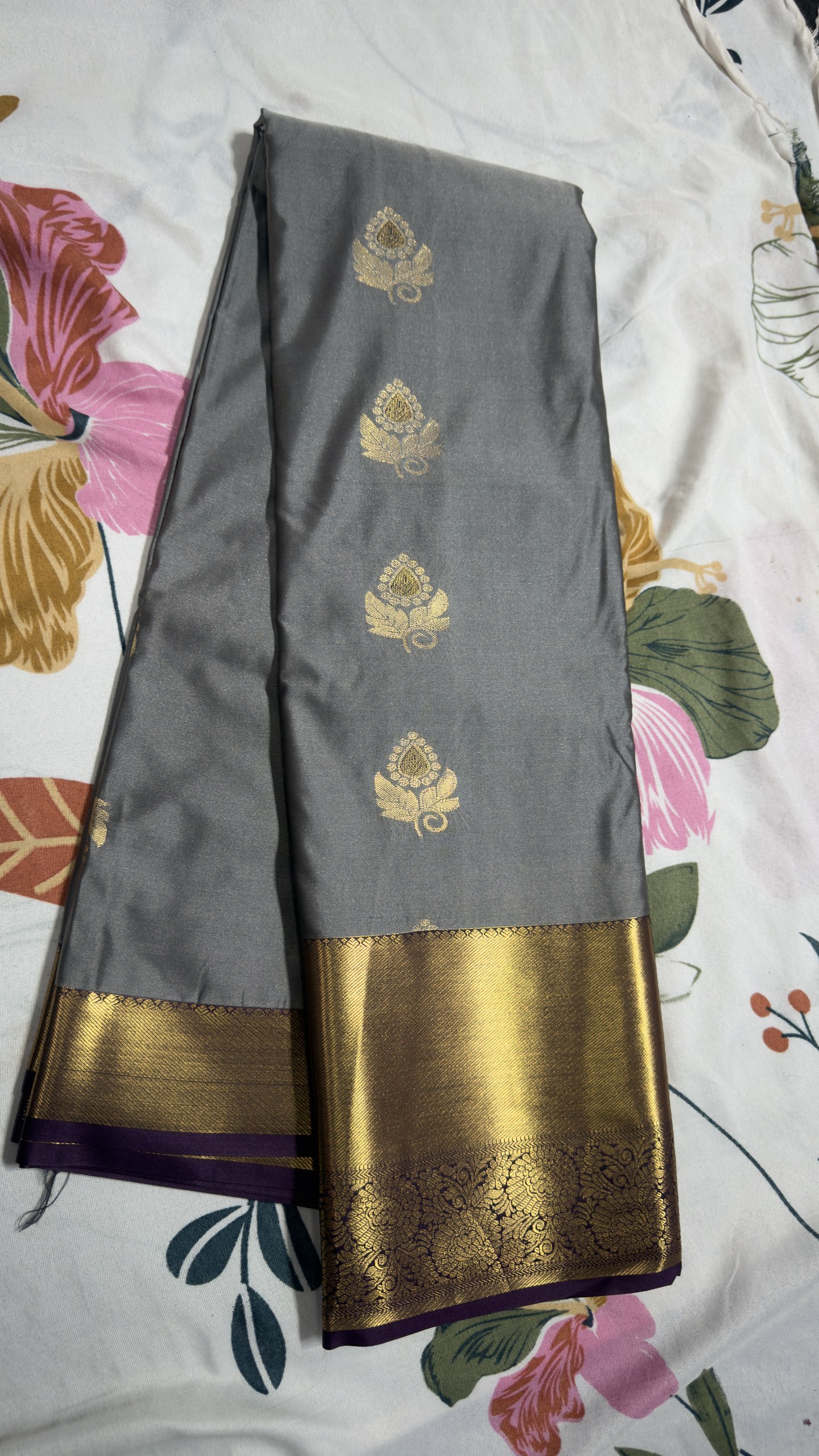 Charcoal Grey & Purple Gold Zari Semi Kanchi Pattu Saree