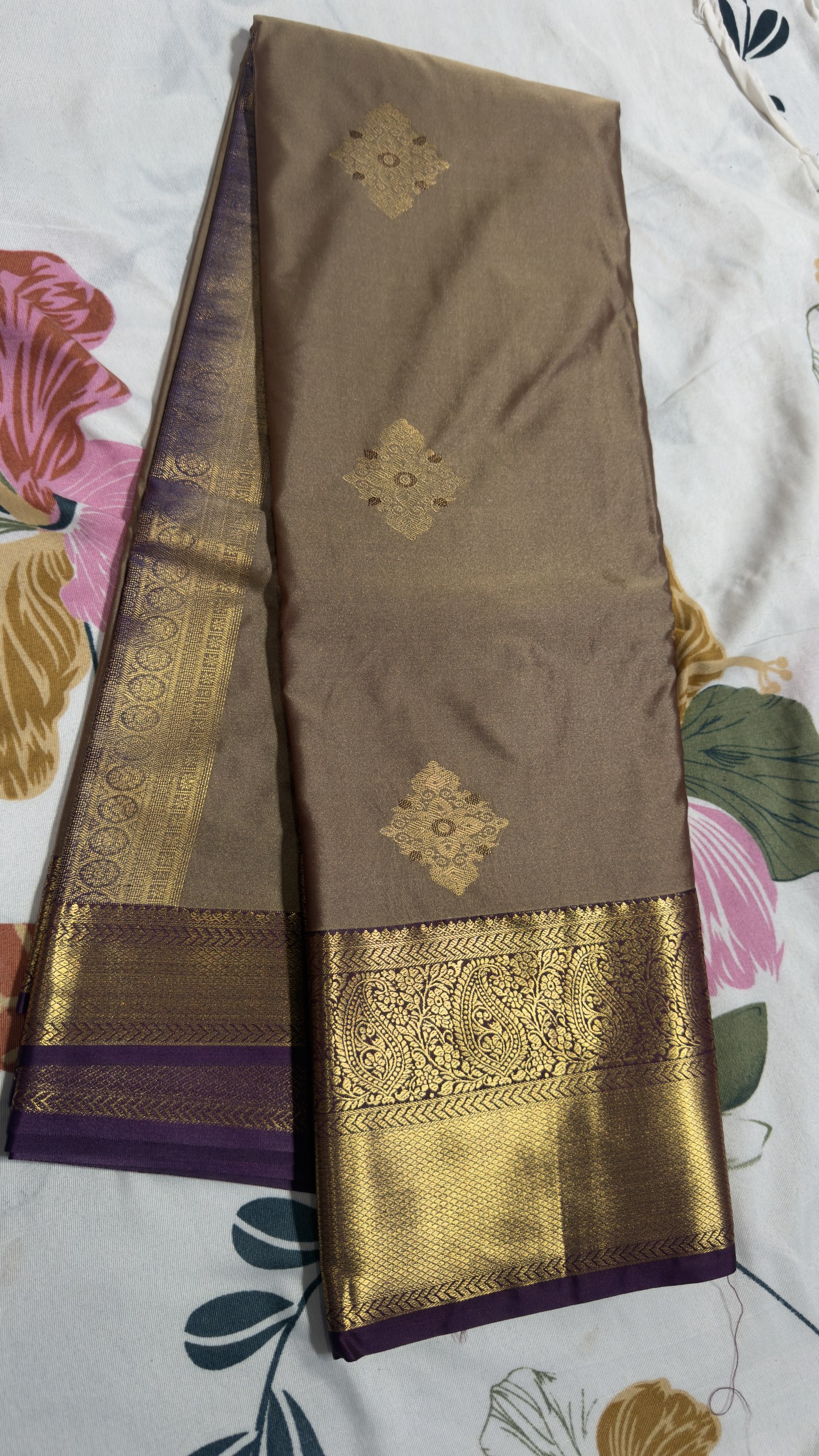 Taupe Brown & Purple Gold Zari Semi Kanchi Pattu Saree