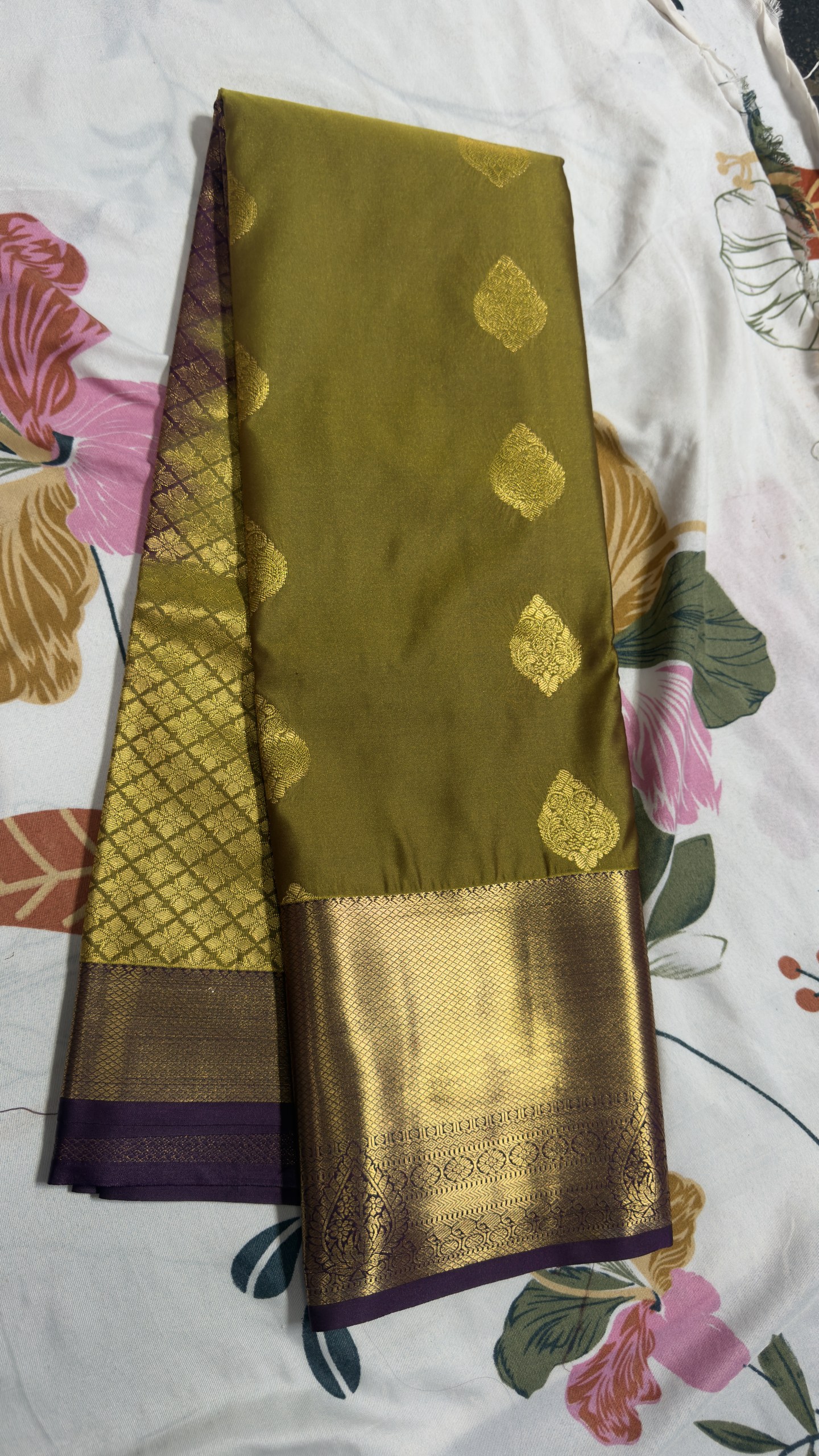 Olive Green & Purple Gold Zari Semii Kanchi Pattu Saree