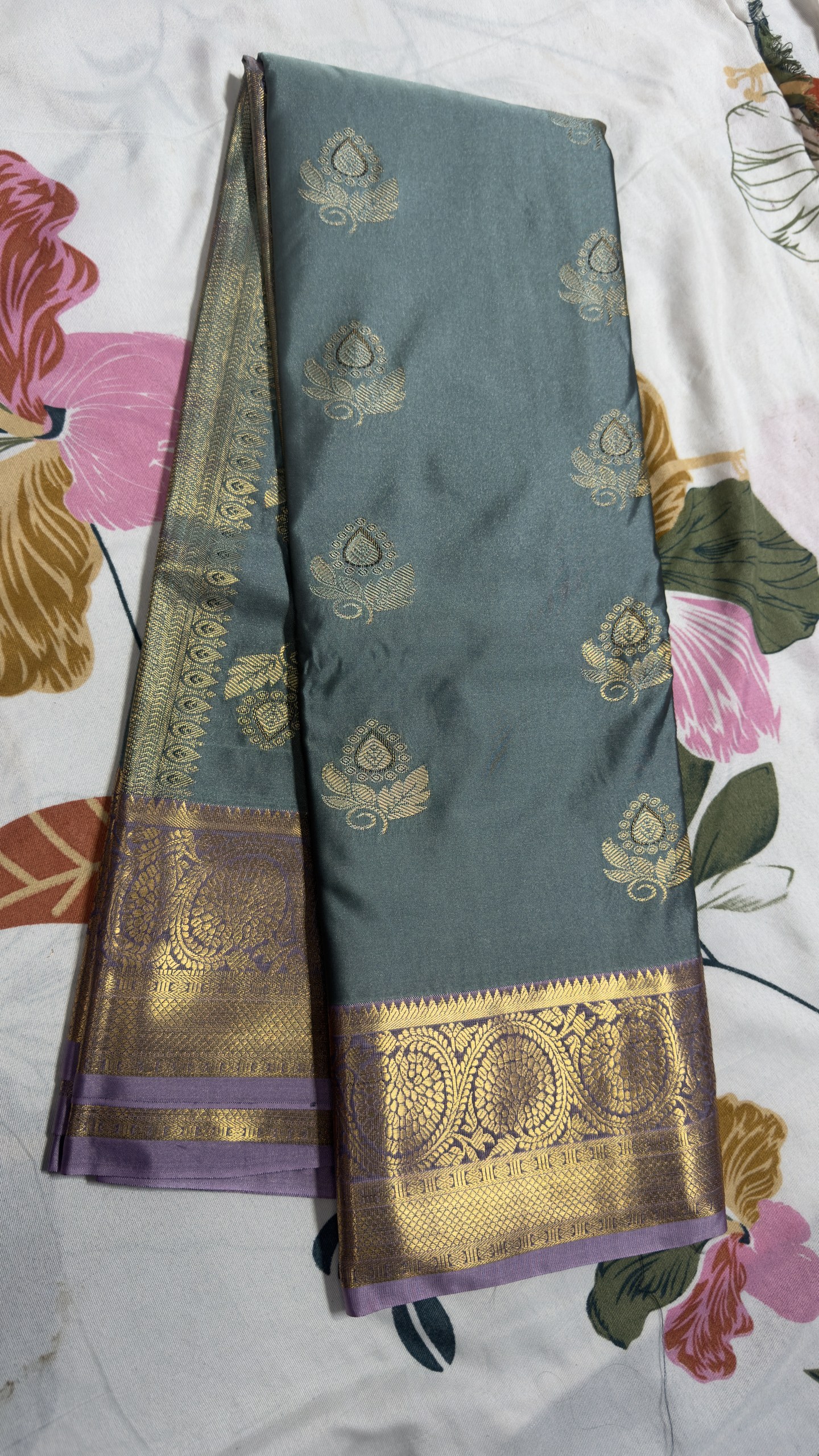 Sage Grey & Antique Gold Floral Zari Semi Kanchi Pattu Saree