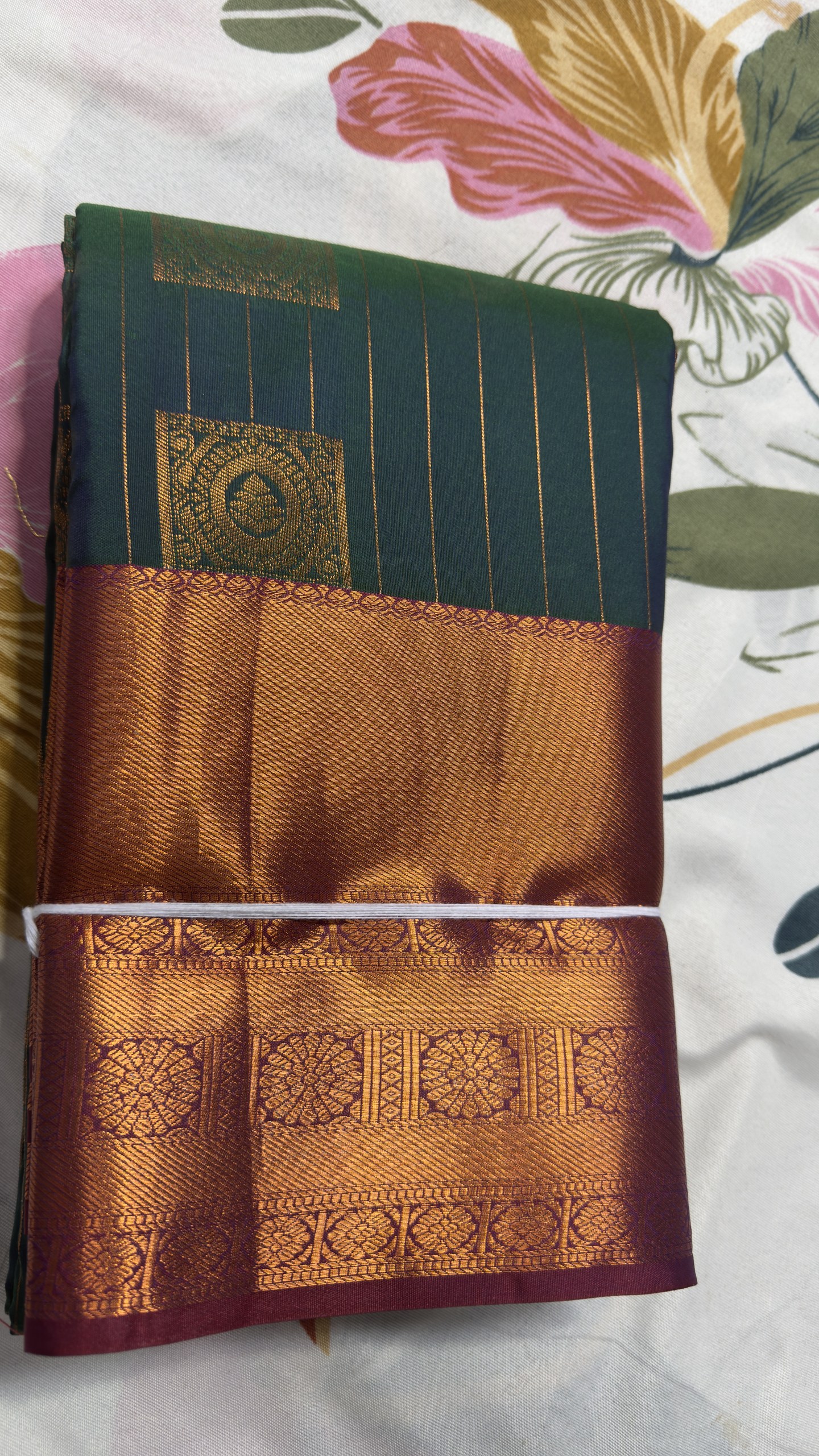 Bottle Green & Copper Gold Temple Zari Semi Kanchi Pattu Saree