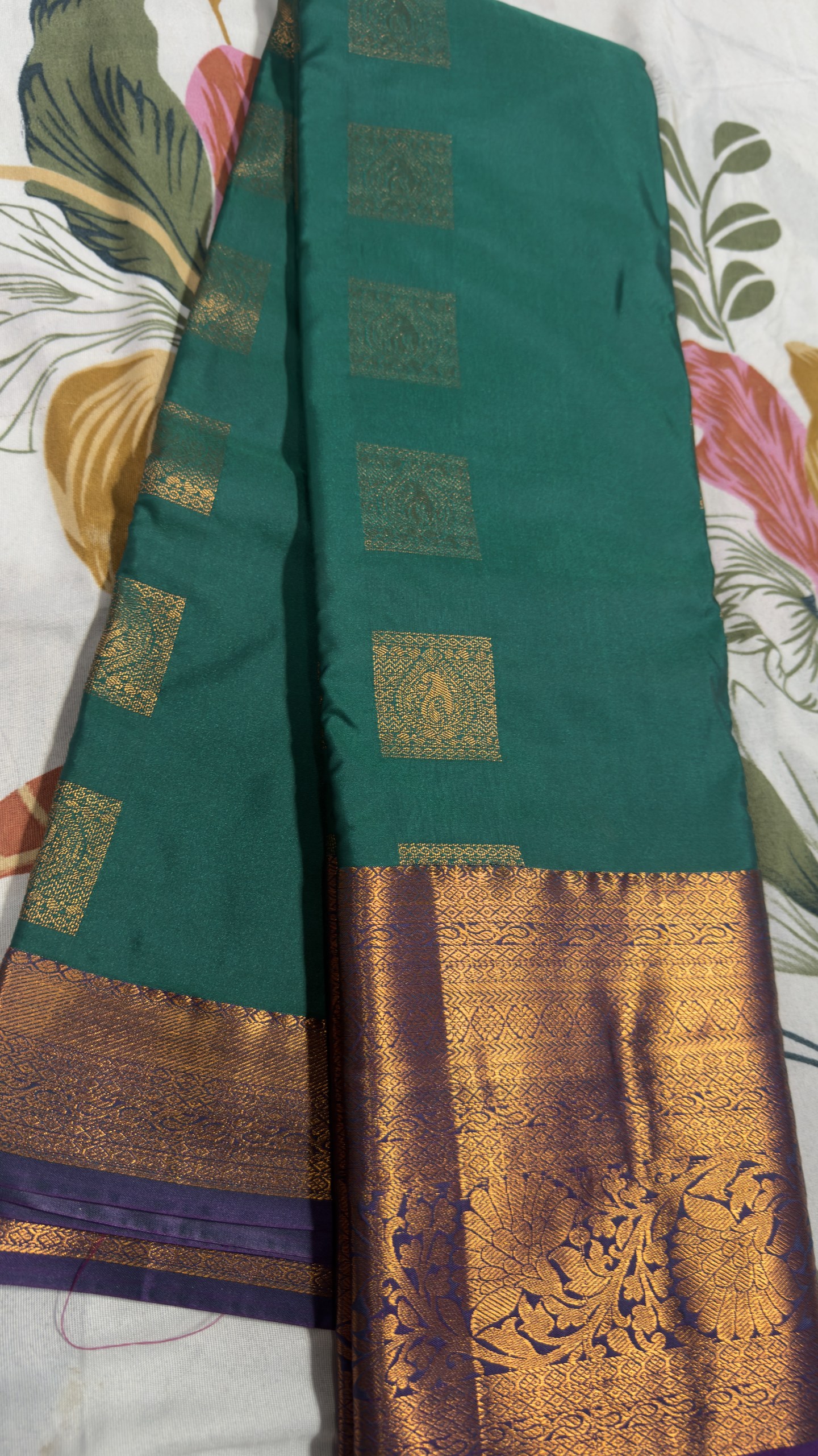 Teal Green & Antique Gold Floral Zari Semi Kanchi Pattu Saree