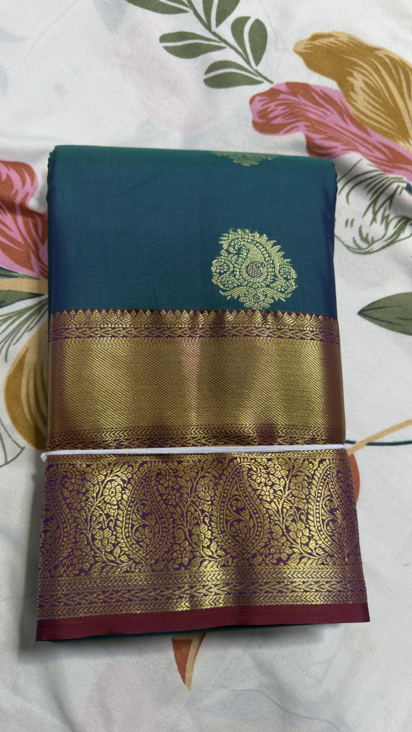 Peacock Teal & Antique Gold Paisley Zari Semi Kanchi Pattu Saree