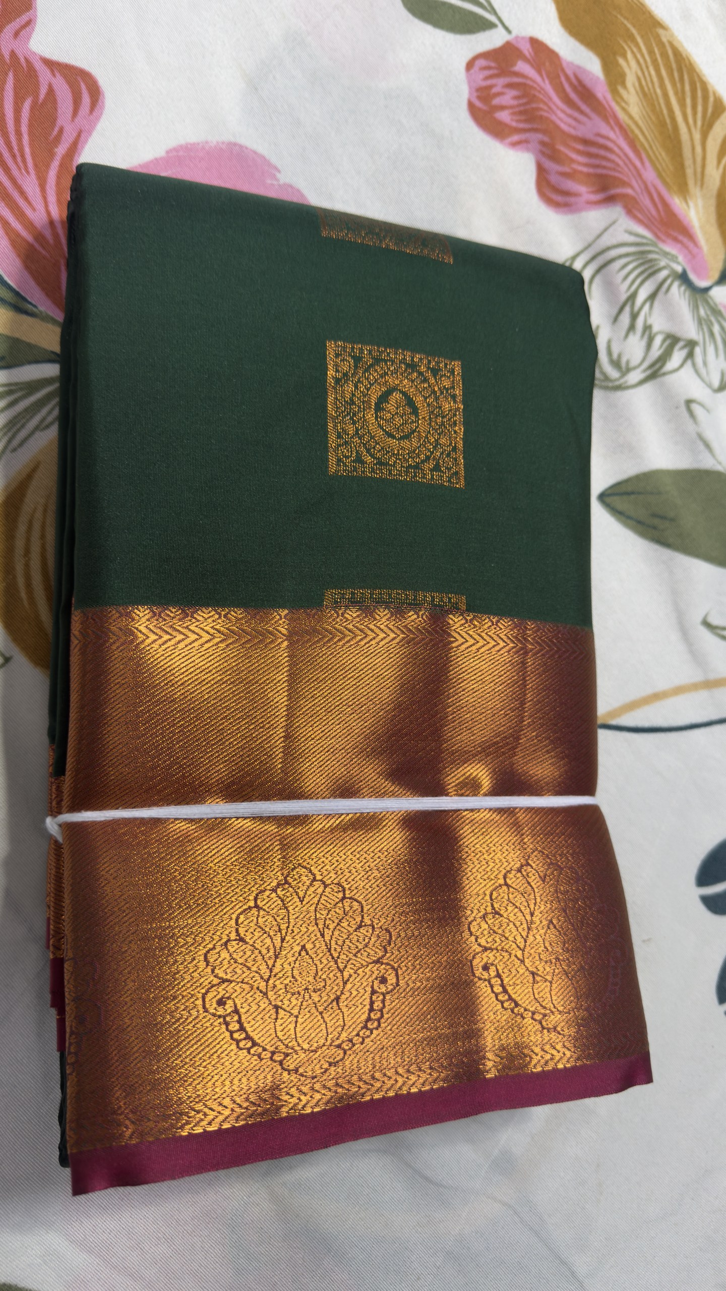 Bottle Green & Copper Gold Lakshmi Motif Semi Kanchi Pattu Saree