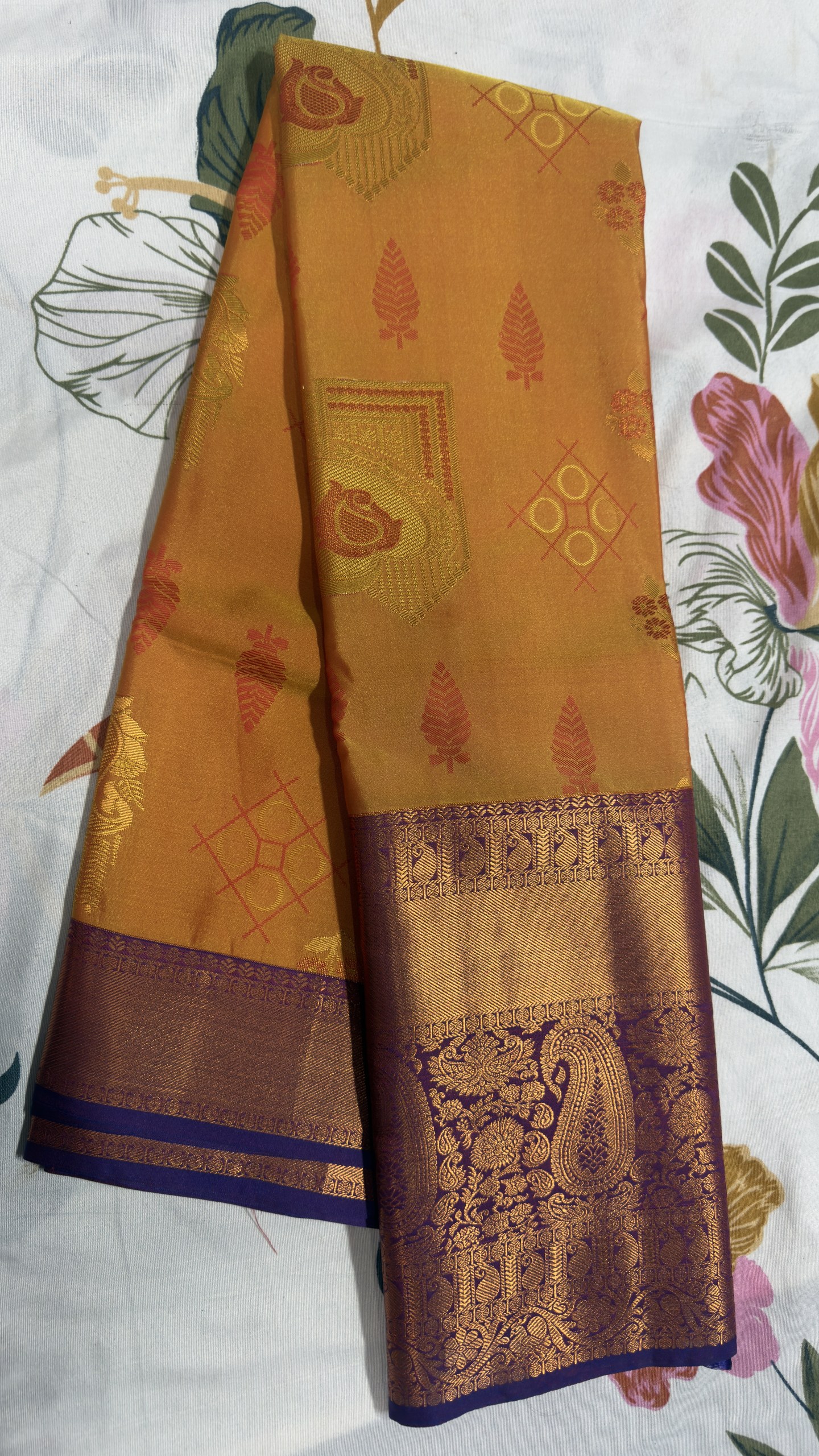 Mustard Gold & Royal Purple Peacock Zari Semi Kanchi Pattu Saree
